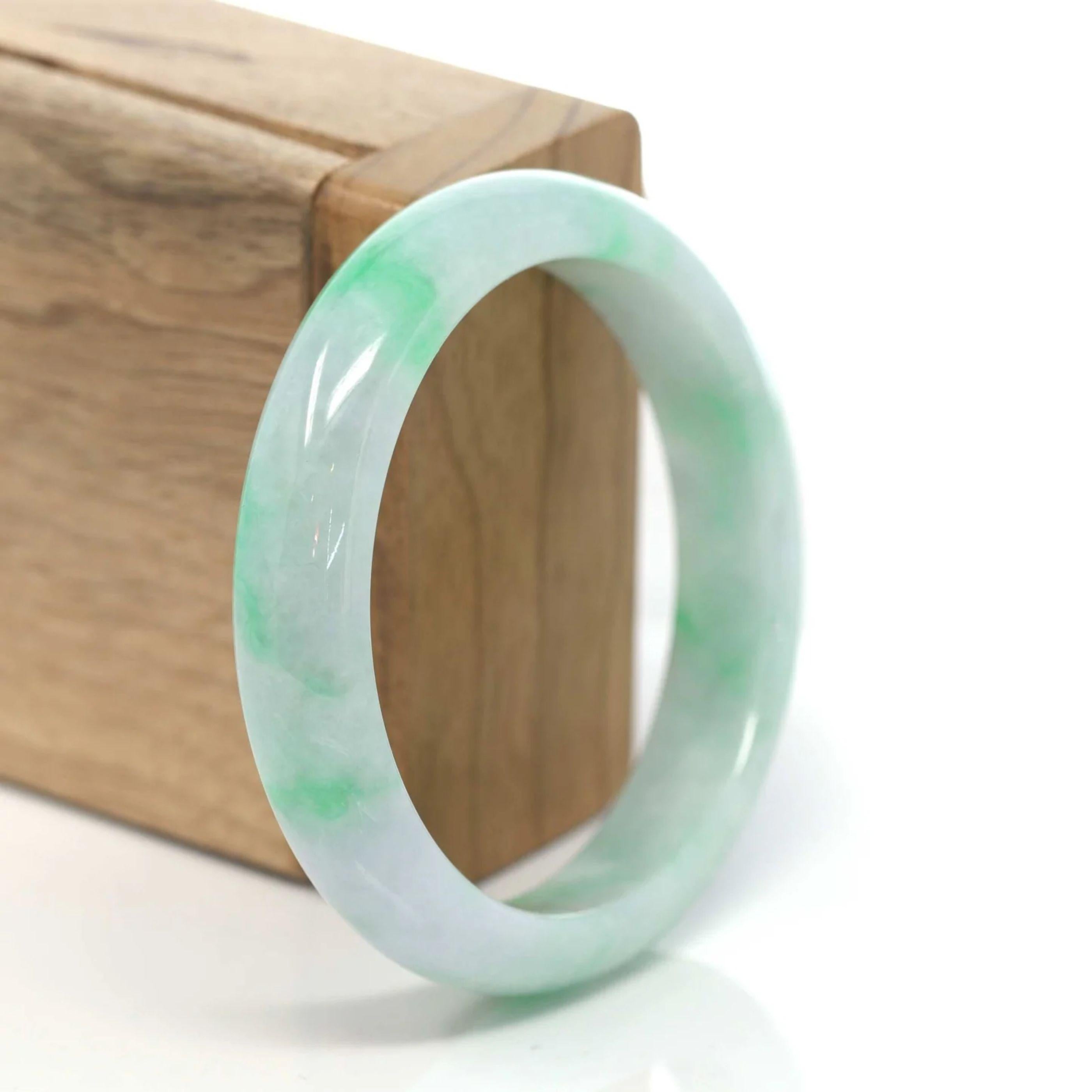  * DETAILS--- Natural Light Green Genuine Burmese Jadeite Jade Bangle Bracelet.  All RealJade Co.® Jewelry's Jade Bangles are guaranteed to be untreated. The jade texture is relatively fine with some patches of varieties of gorgeous green lavender