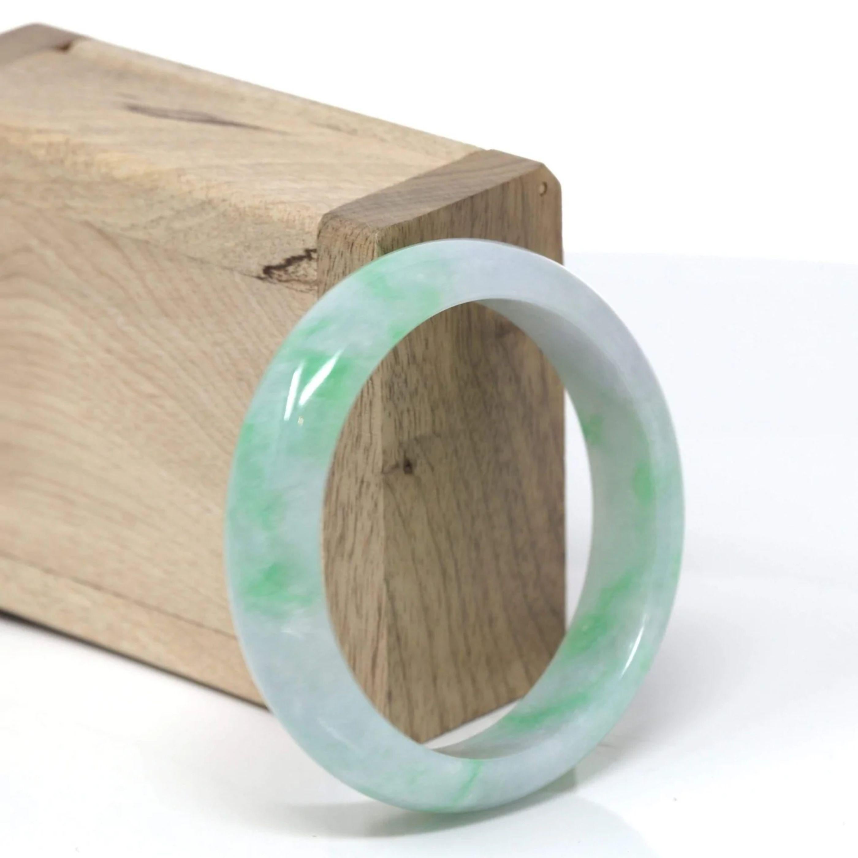 * DETAILS--- Genuine Burmese Jadeite Jade Bangle Bracelet. This bangle is made with high-quality genuine Burmese ice-green Jadeite jade, the jade texture is transparent with green & lavender colors inside. The green color and transparency lavender