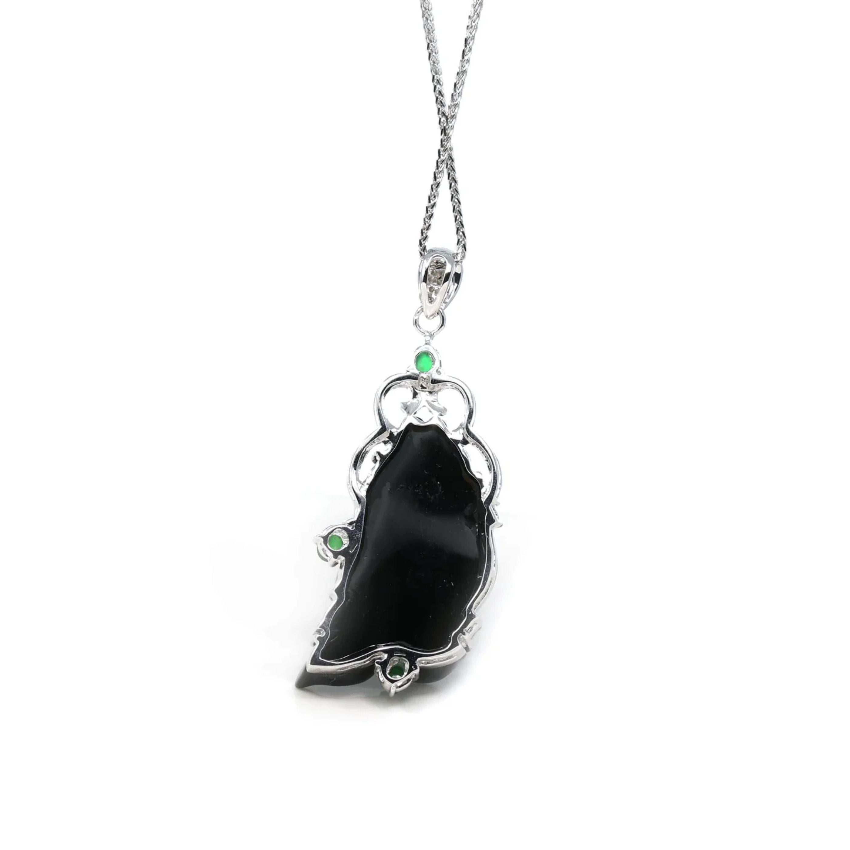 * DESIGN CONCEPT--- One of a kind black jadeite jade necklace. The jadeite texture is so smooth. The motif of a fish comes from a saying in Chinese that represents prosperity in the next year. Truly one of a kind.
Jade represents good luck, wealth,