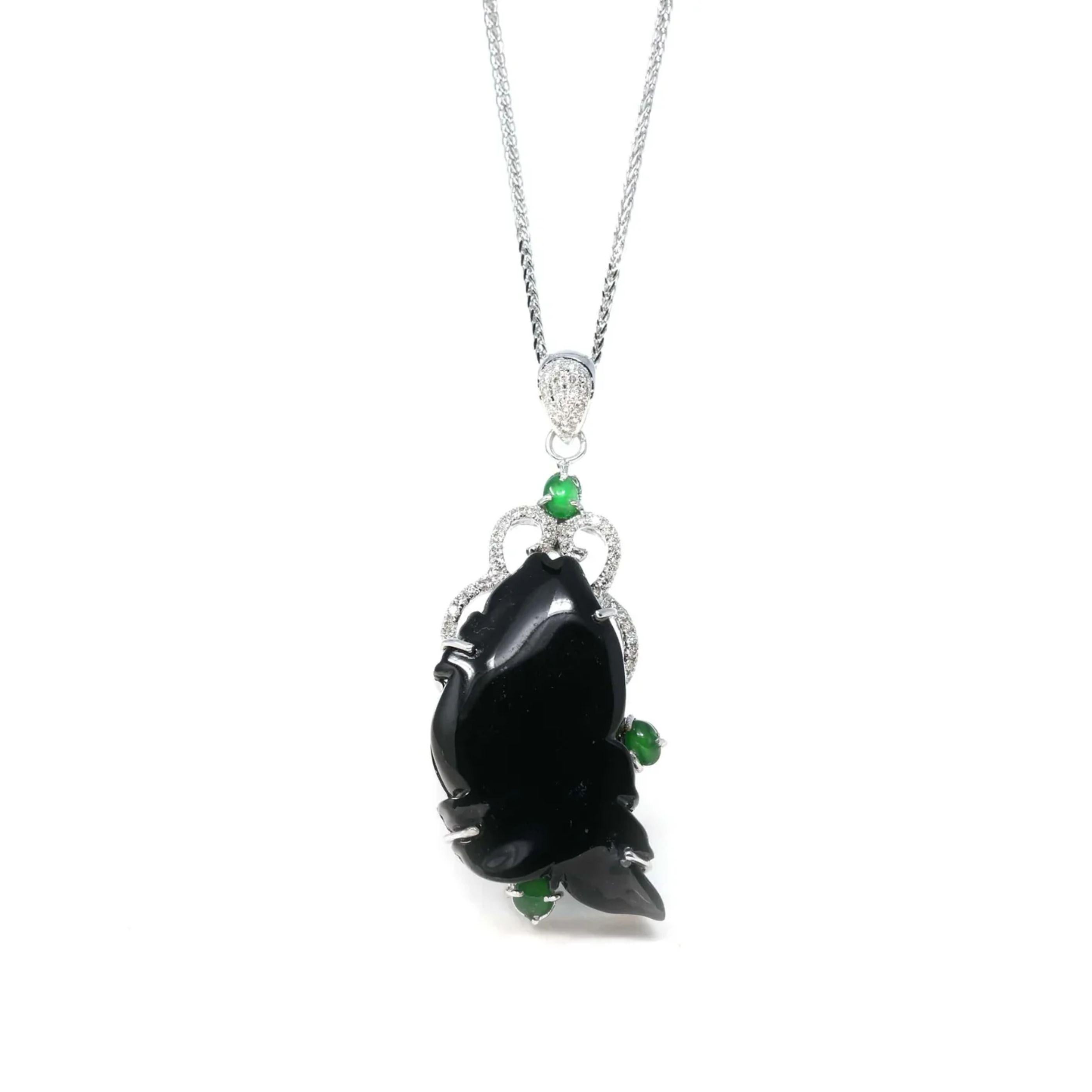 RealJade¨ Co. 18k Genuine Burmese Black Jadeite Jade 年年有余 Fish Pendant Necklace In New Condition For Sale In Portland, OR