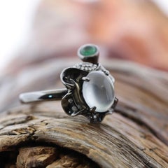 RealJade Flower 18k Black Gold Natural Ice Jadeite Jade Engagement Ring