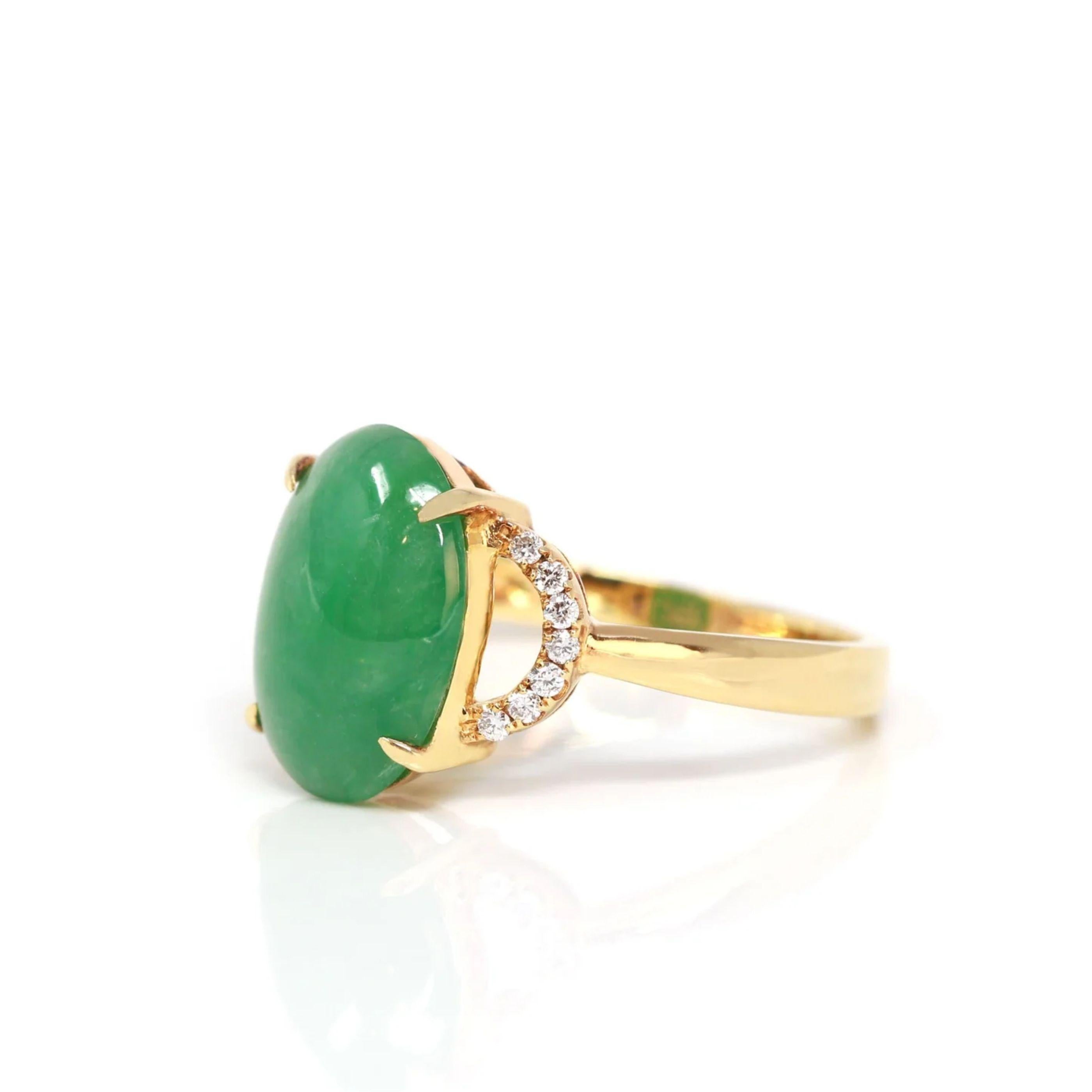 * ORIGINAL DESIGN --- Inspired by the natural beauty of this high-end genuine Burmese Imperial Green Jadeite. The rich, beautiful apple green color is found on no other stone. This one-of-a-kind engagement ring combines the natural beauty of the