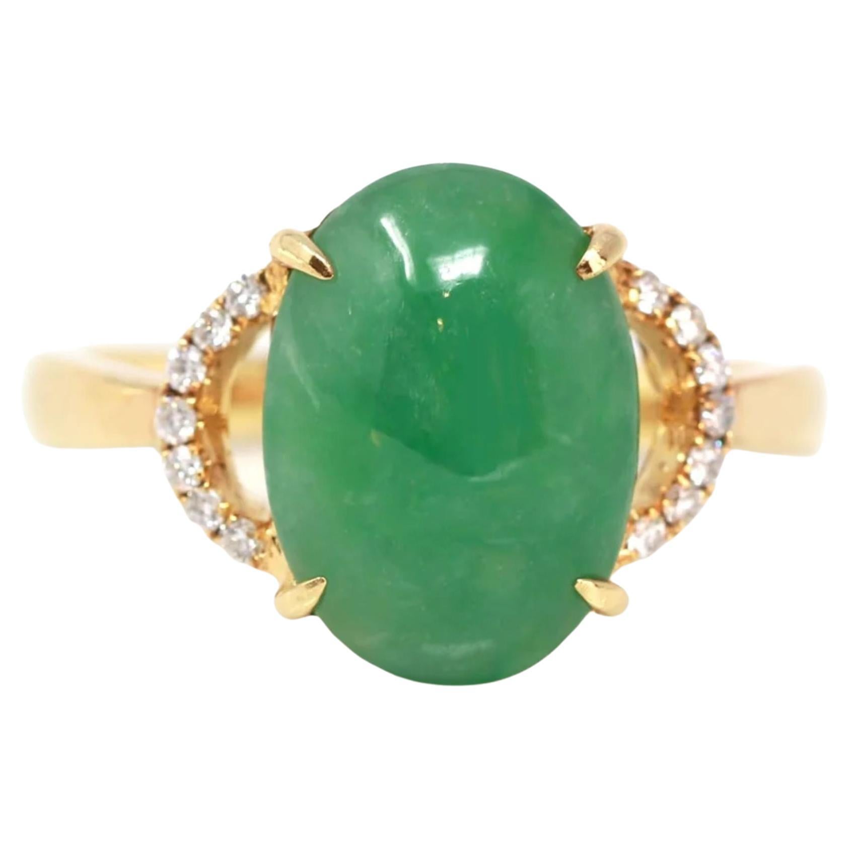 Realjade Marie" 18k Rose Gold Natural Green Imperial Jadeite Ring with Diamonds For Sale