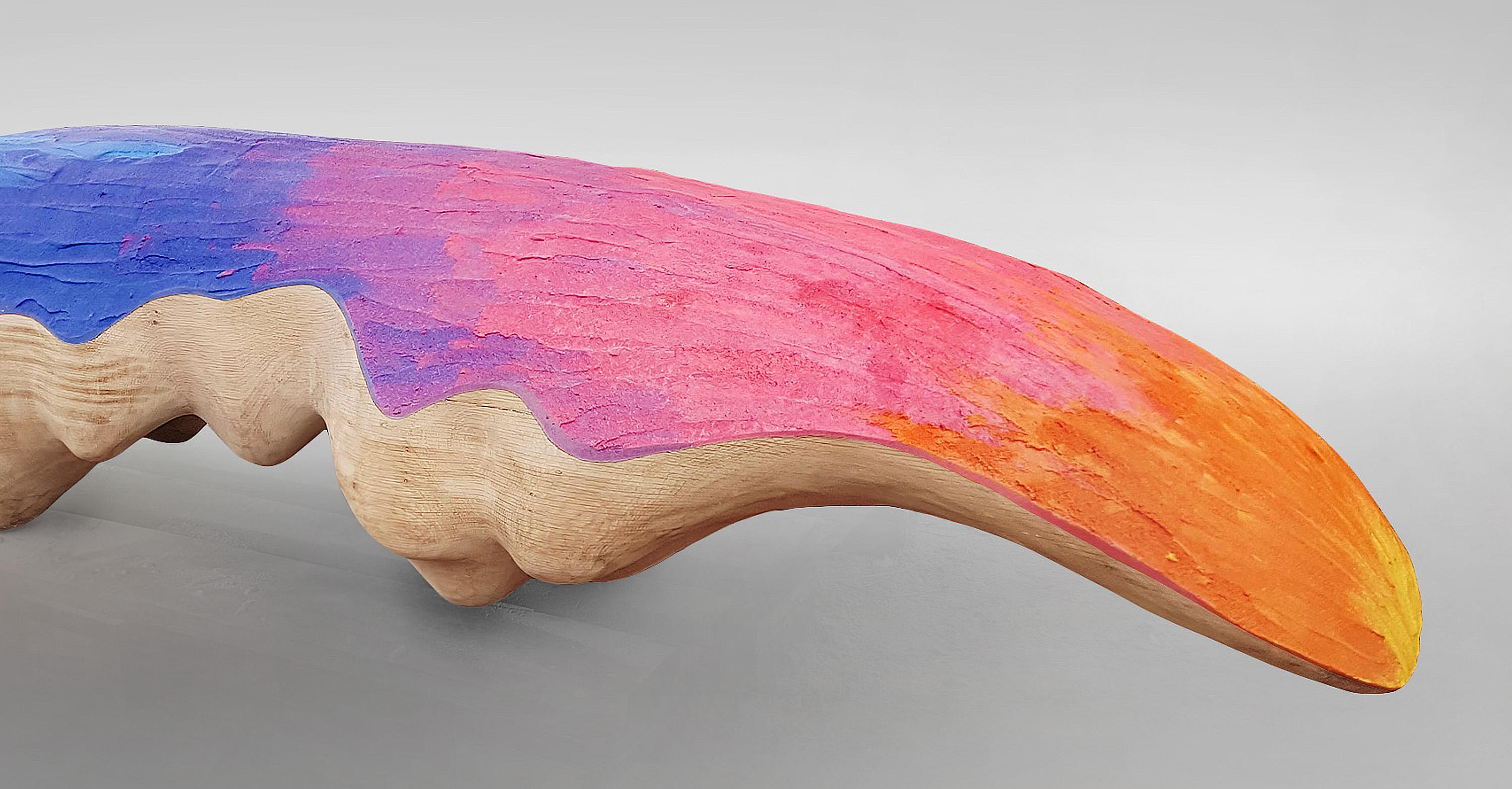 Balkan Eduard Locota Oak Wood & Rainbow Color Jesmonite Bench  For Sale