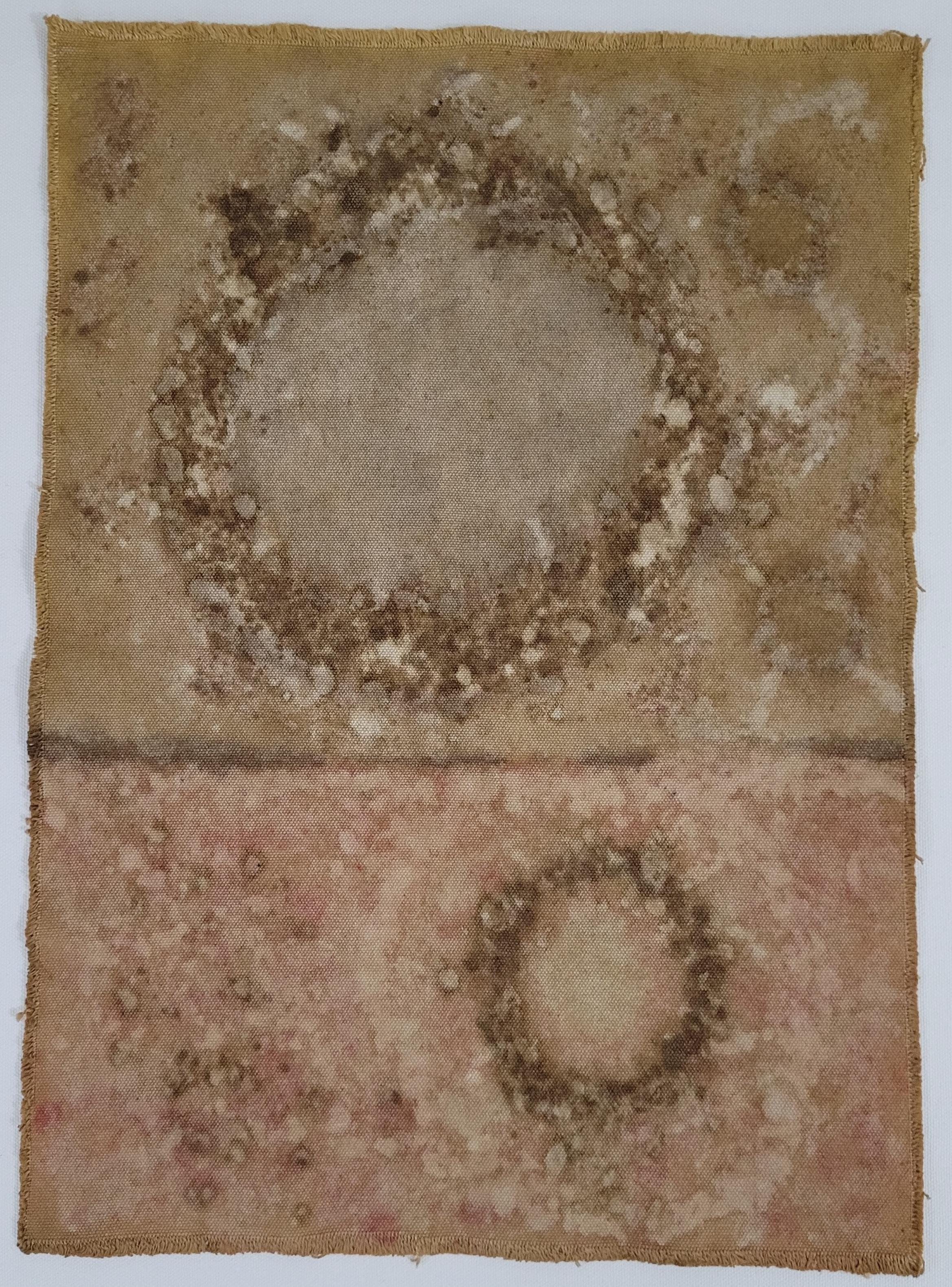 “Realms (11)” visualizes ascension from ordinary awareness to heightened perception.  Vertical motion within the abstract field suggests movement through layers of consciousness, while translucent botanical stains imply both material texture and