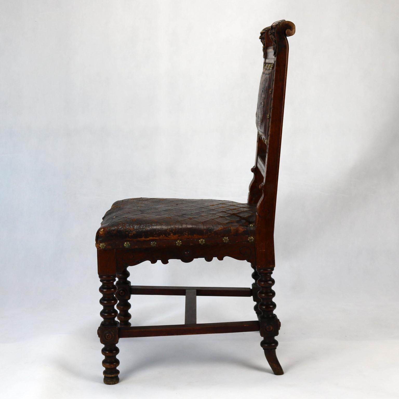 Hungarian Reanaissance Revival Hand-Carved Chair with Embossed Leather 19th Century For Sale