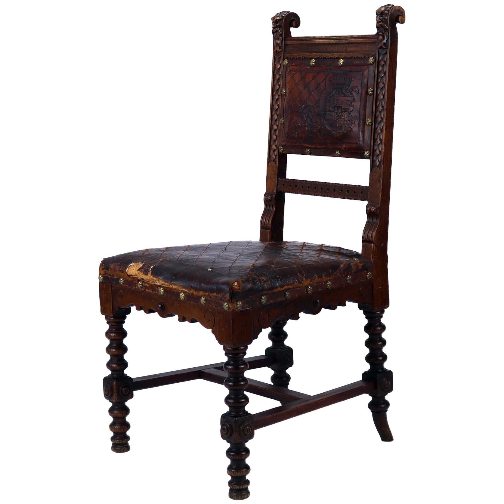 Reanaissance Revival Hand-Carved Chair with Embossed Leather 19th Century For Sale