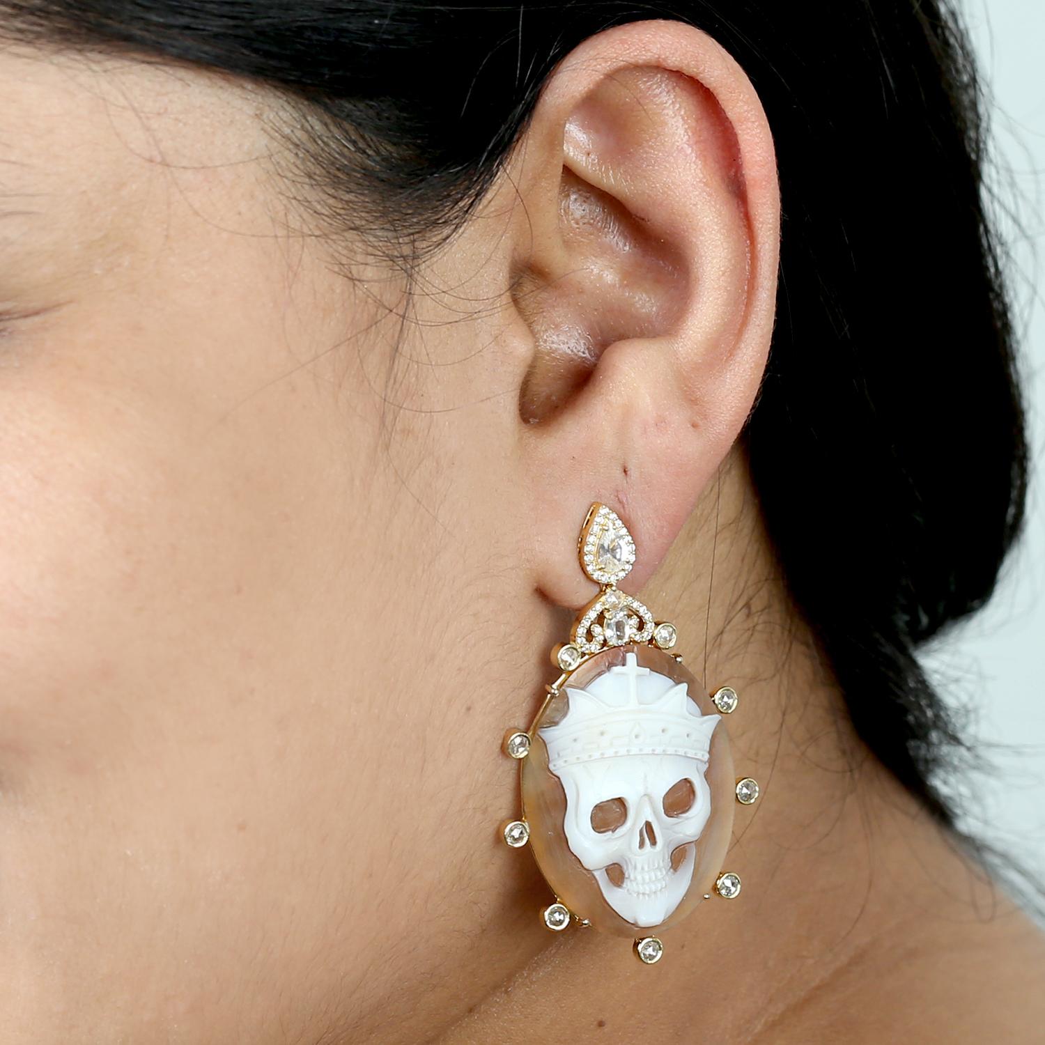 Contemporary Reaper Carved On Sardonyx Earrings Accented With Sapphire & Diamonds For Sale