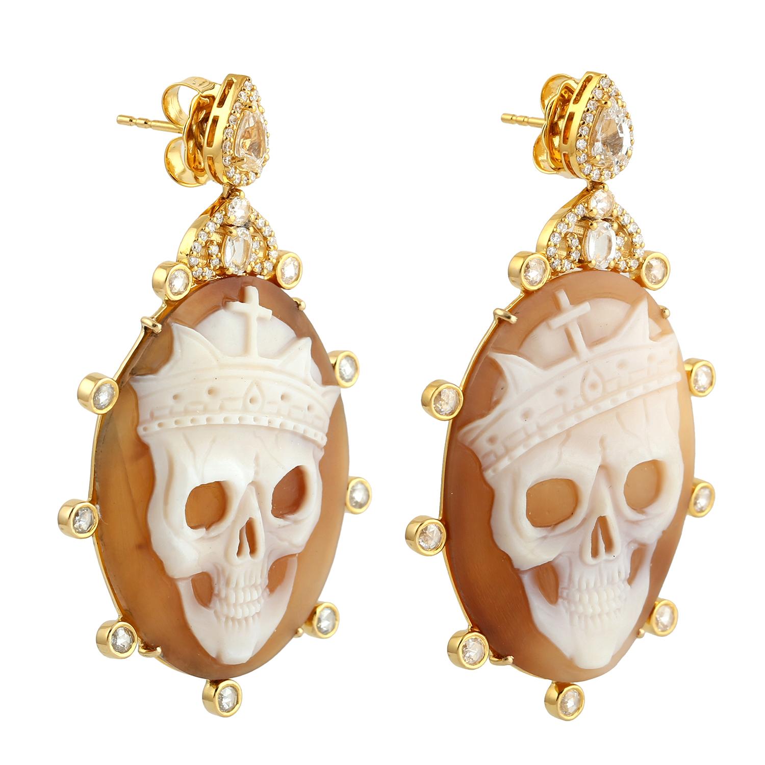 Mixed Cut Reaper Carved On Sardonyx Earrings Accented With Sapphire & Diamonds For Sale