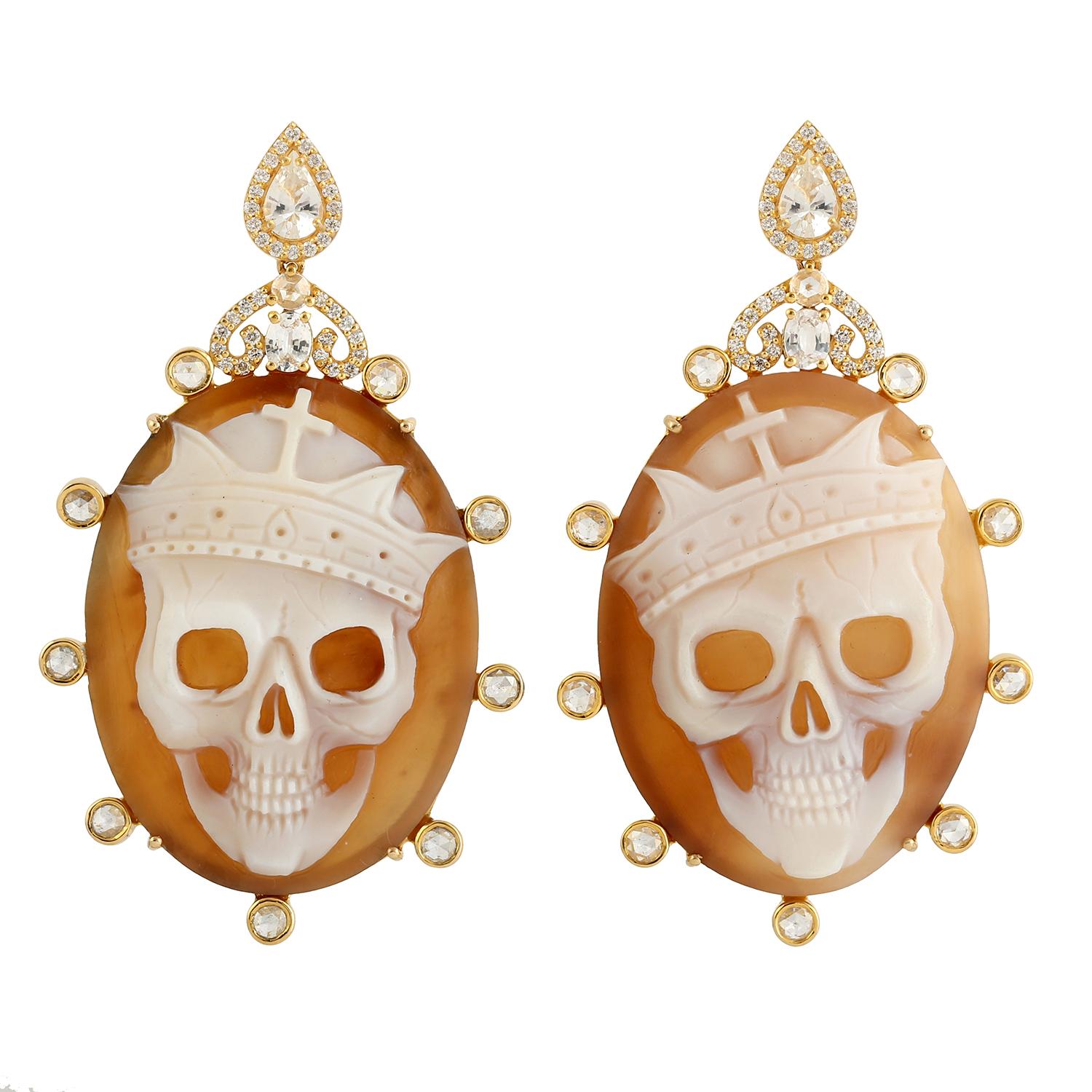 Women's Reaper Carved On Sardonyx Earrings Accented With Sapphire & Diamonds For Sale