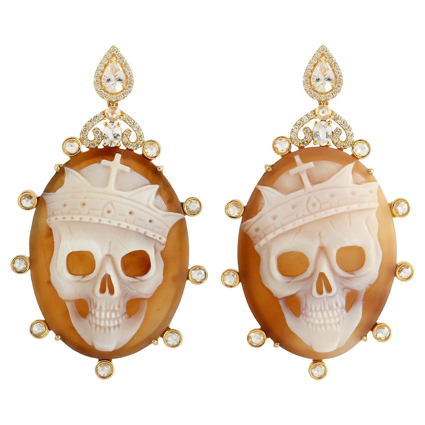 Reaper Carved On Sardonyx Earrings Accented With Sapphire & Diamonds