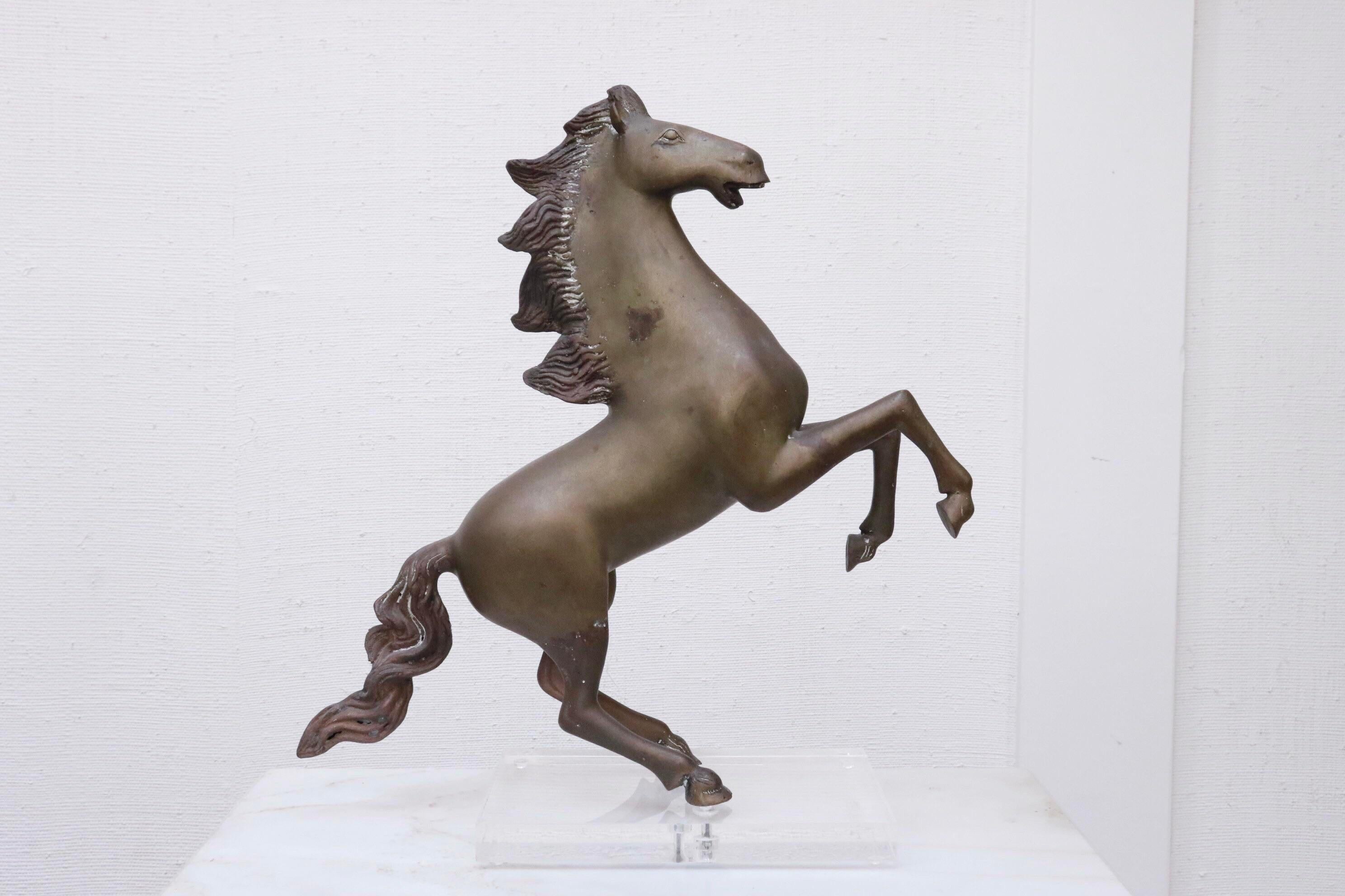 A rearing horse sculpture in solid brass. Cast with so much movement - you can see the wind in his mane and tail! The brass has just a hint of patina. Stands on a rectangular lucite base.