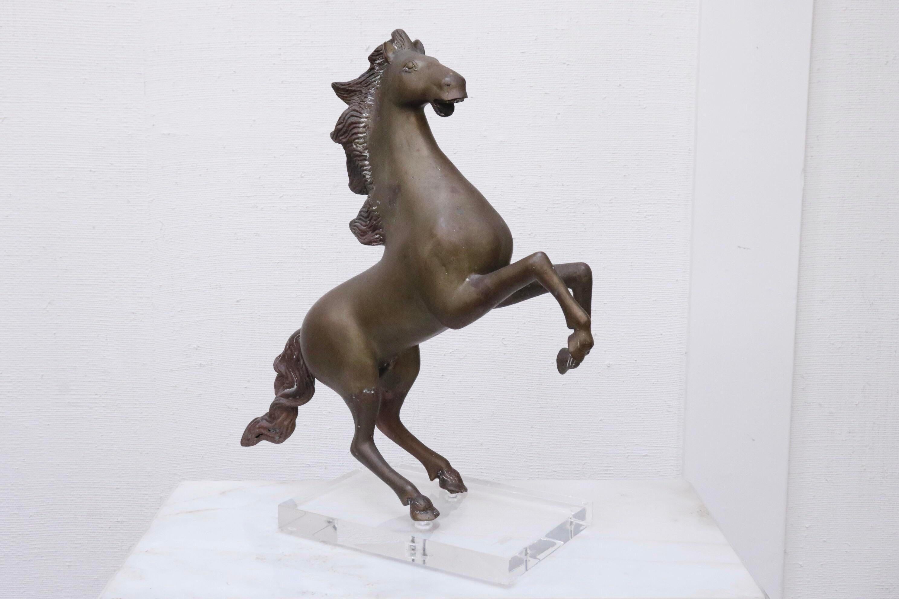 Rearing Horse Sculpture in Brass on Lucite In Good Condition For Sale In Hudson, NY