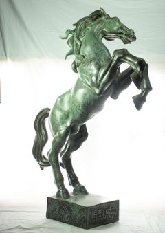 Rearing Stallion Bronze Stand Horse Figure Carved Animal Asian Statue Sculpture