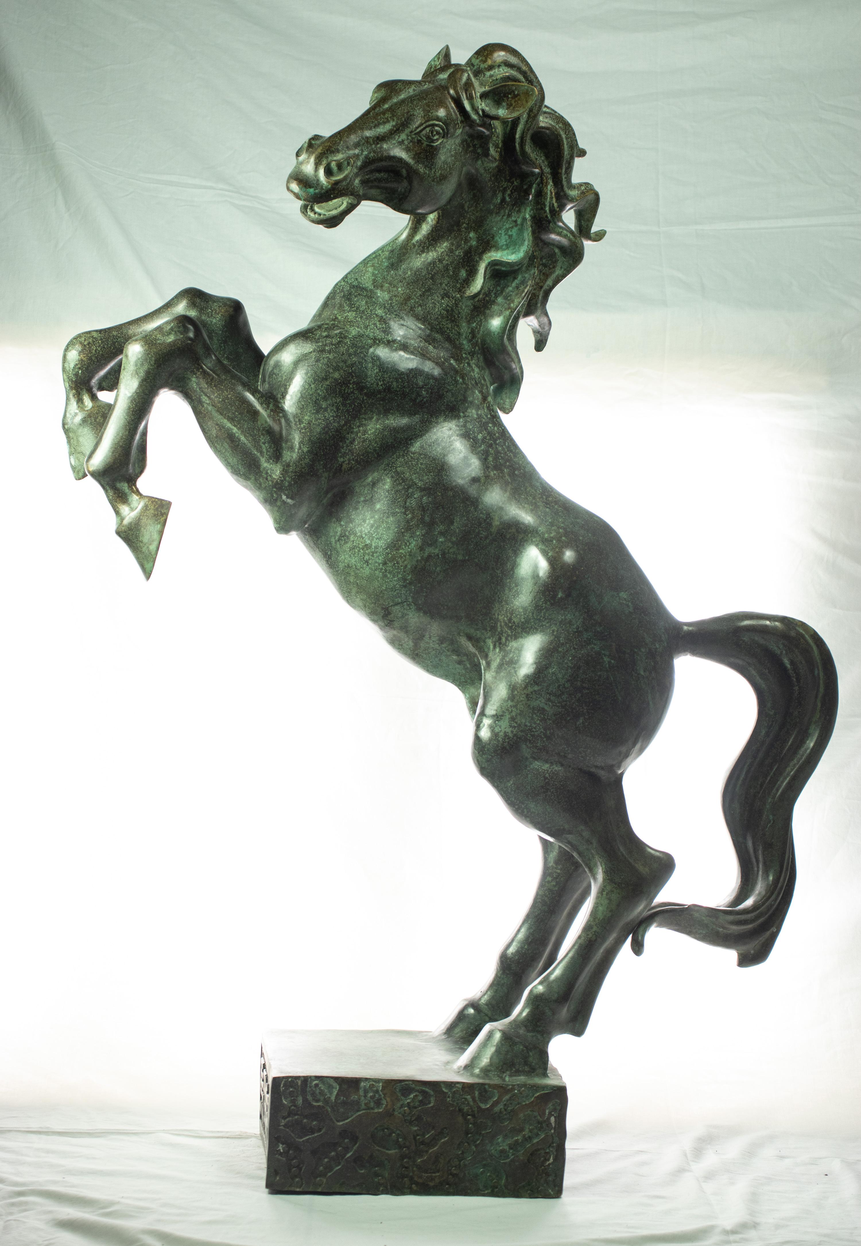 Chinese Rearing Stallion Bronze Stand Horse Figure Carved Animal Asian Statue Sculpture For Sale