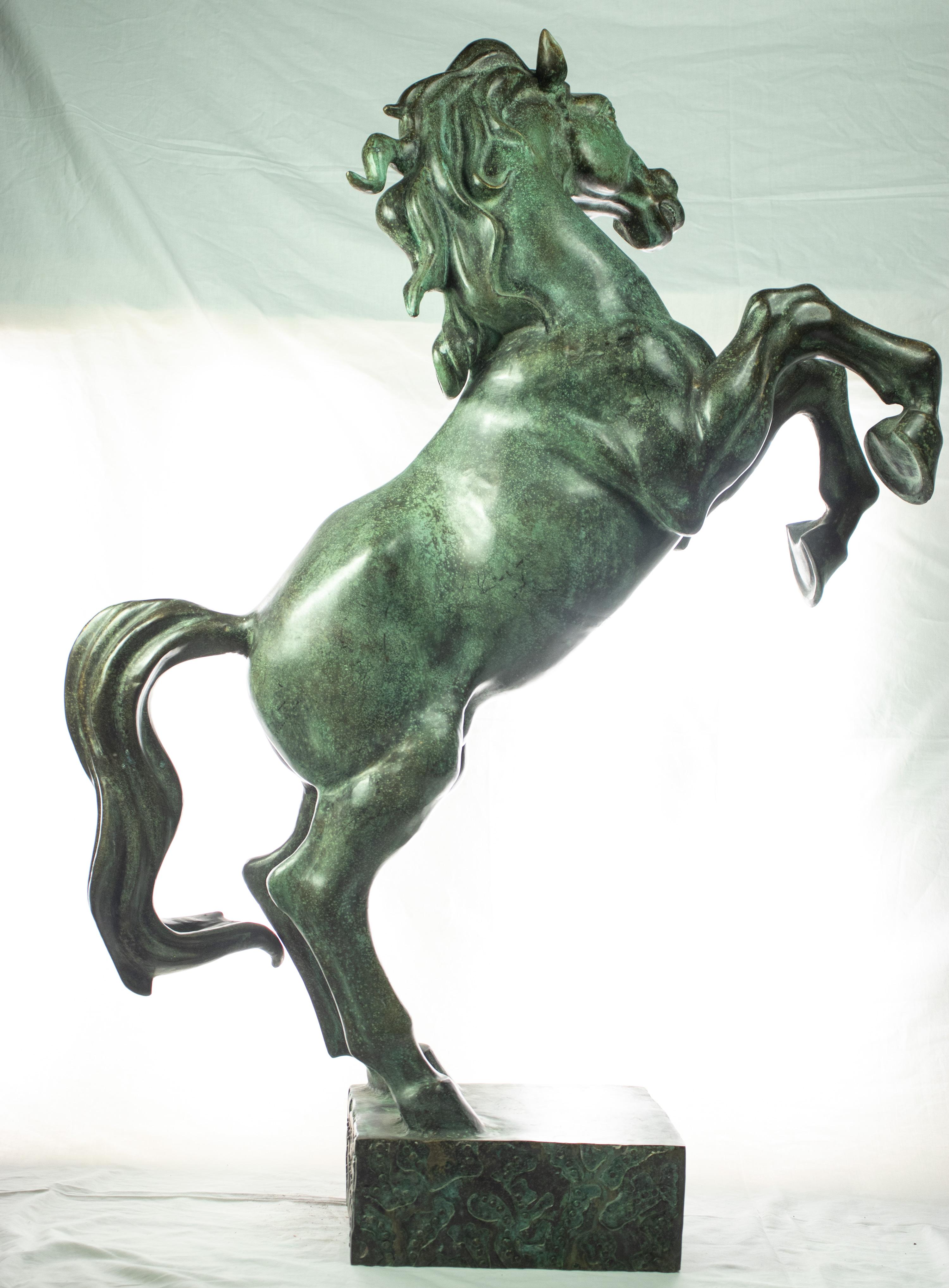 Late 20th Century Rearing Stallion Bronze Stand Horse Figure Carved Animal Asian Statue Sculpture For Sale