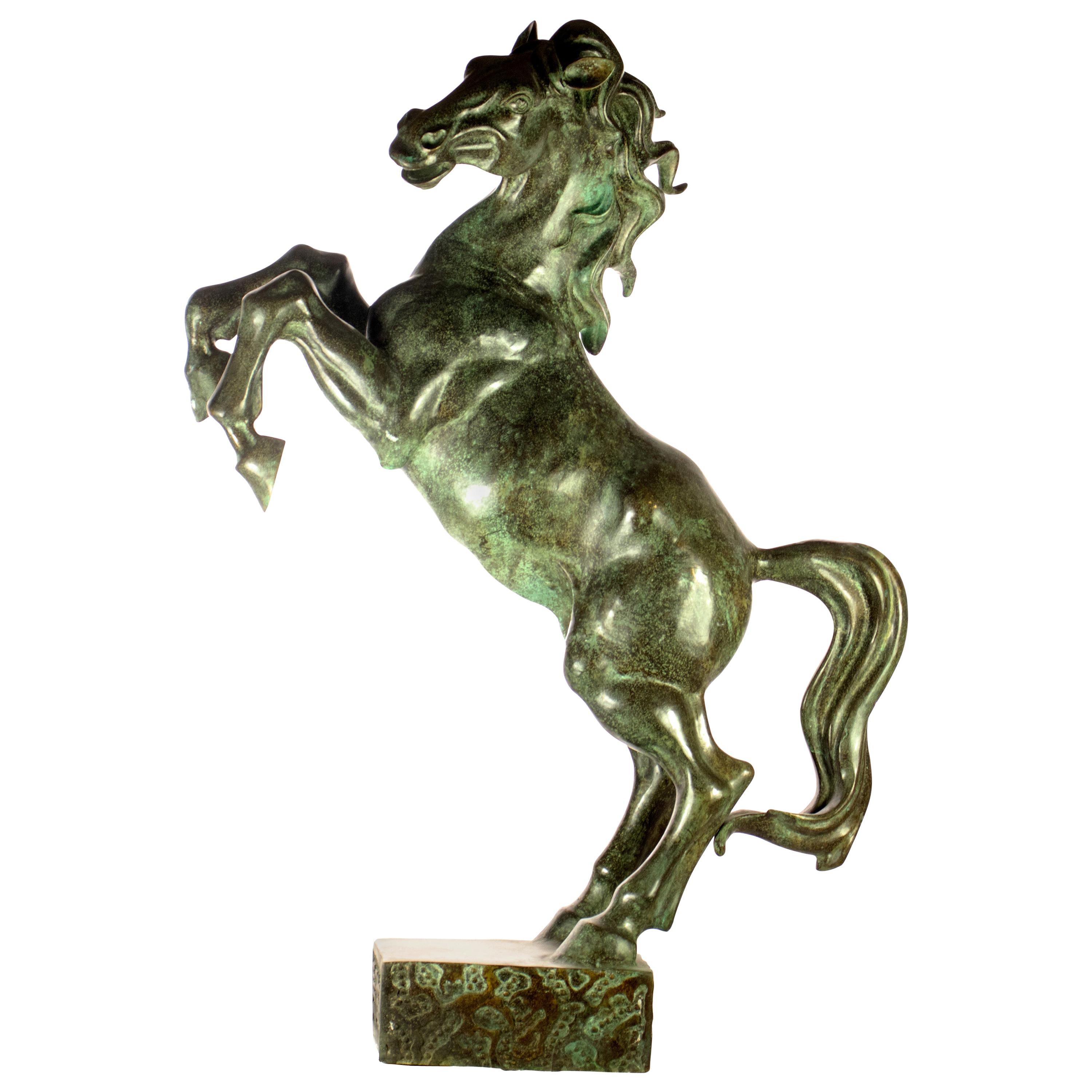 Rearing Stallion Bronze Stand Horse Figure Carved Animal Asian Statue Sculpture For Sale