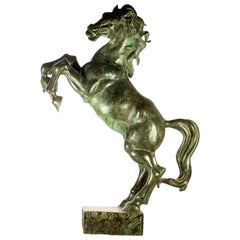 Rearing Stallion Bronze Stand Horse Figure Carved Animal Asian Statue Sculpture