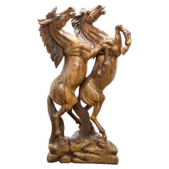 Rearing Stallion Wood-Carved Statue
