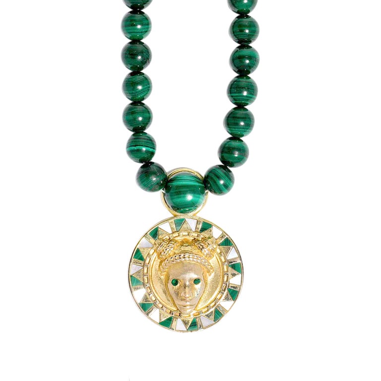 Reava Pendant with Mother of Pearl + Malachite in 18K Gold For Sale at ...