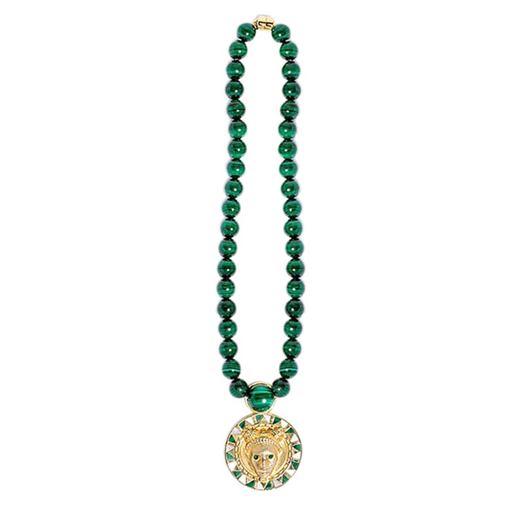 Reava Pendant with Mother of Pearl + Malachite in 18K Gold For Sale at ...