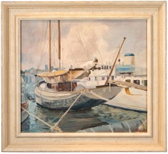 'Sailboats at Dock, ' by Reba K., Oil on Canvas Painting