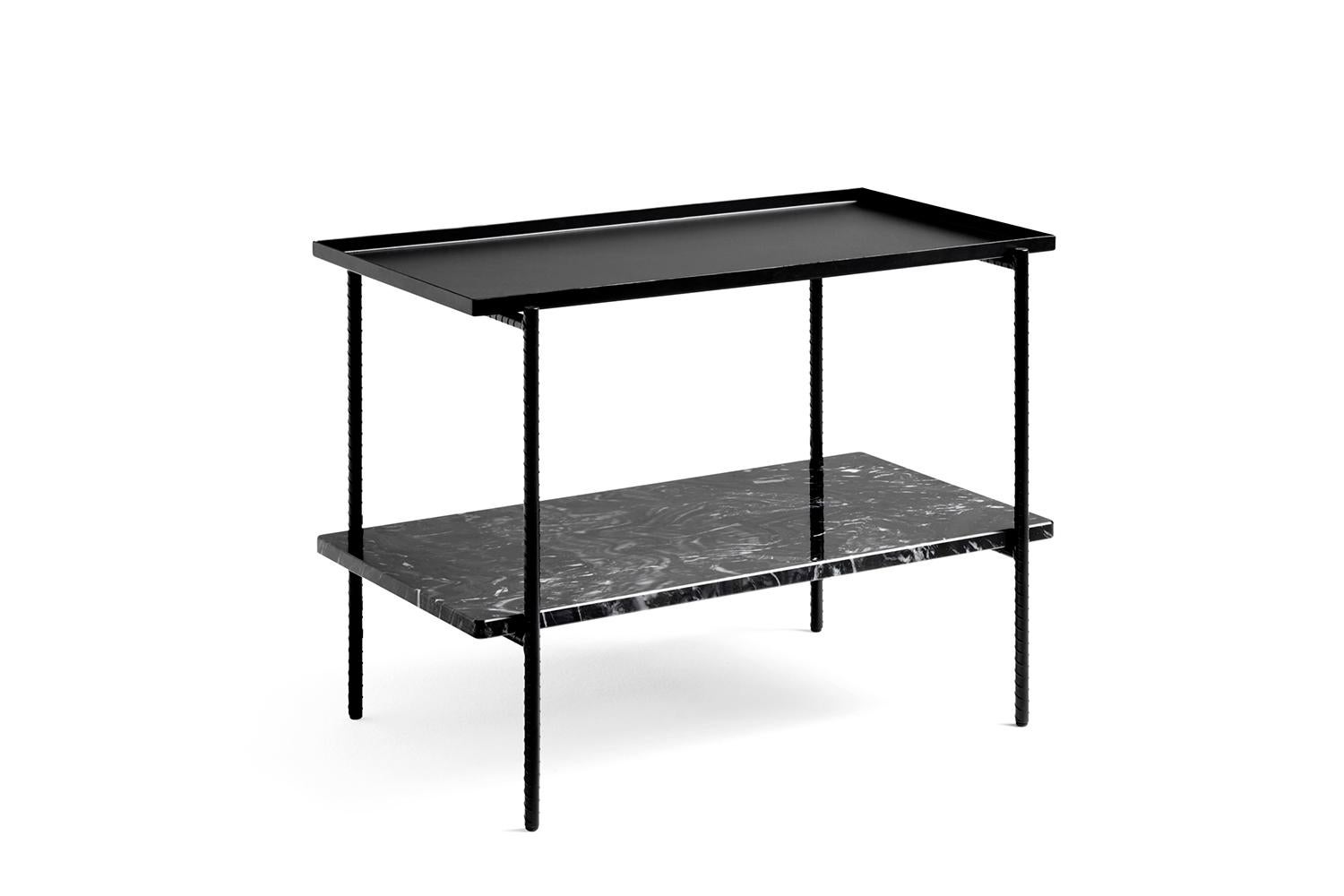 Sylvain Willenz’s Rebar tray table having a design that juxtaposes the reinforced steel bar frame with black marble tops and metal trays to create a balanced aesthetic. The table is suitable for using in private, corporate or public spaces.
Size :