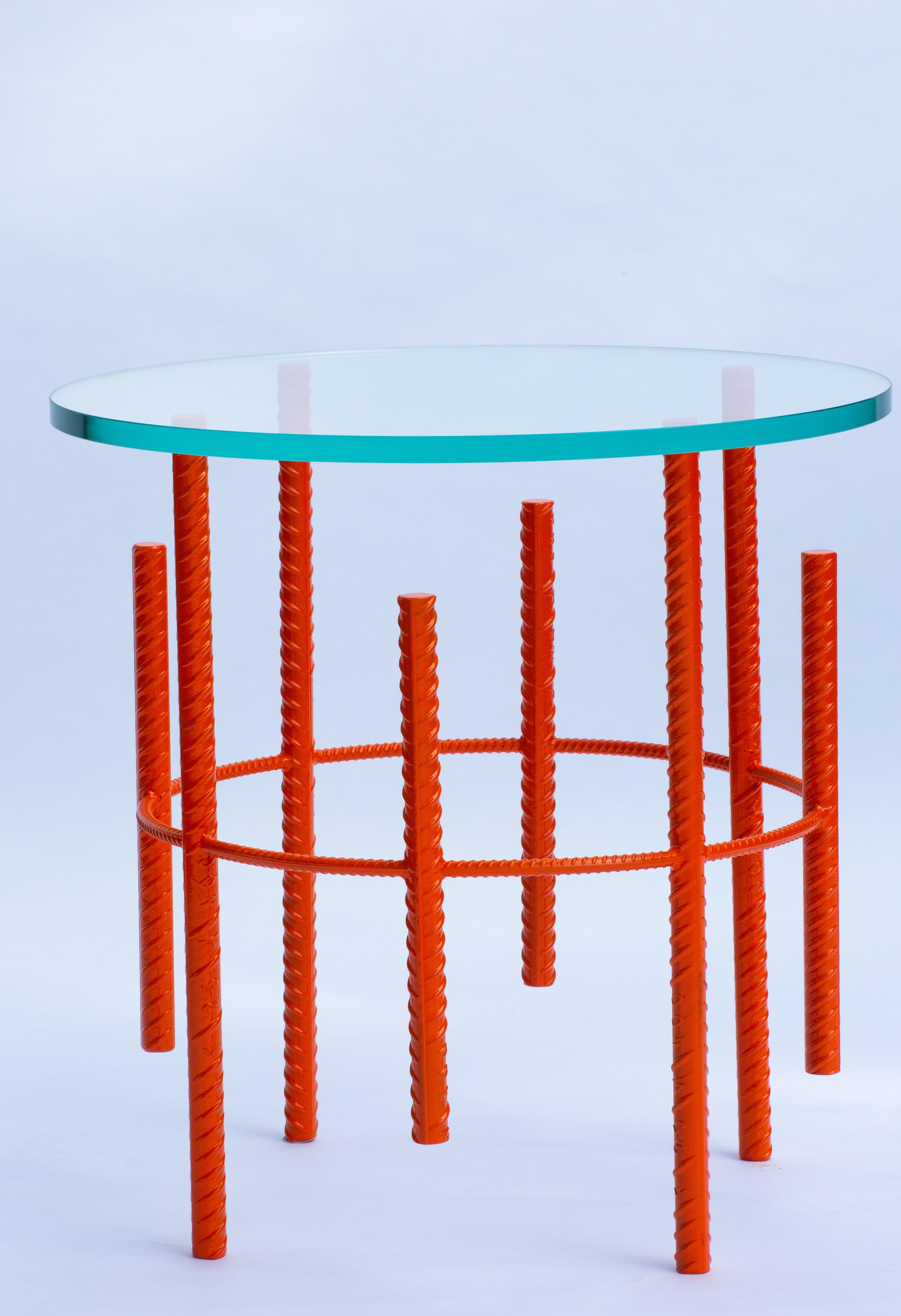 Powder-Coated Rebar Side Table with Starphire Glass Top & Coral Base For Sale