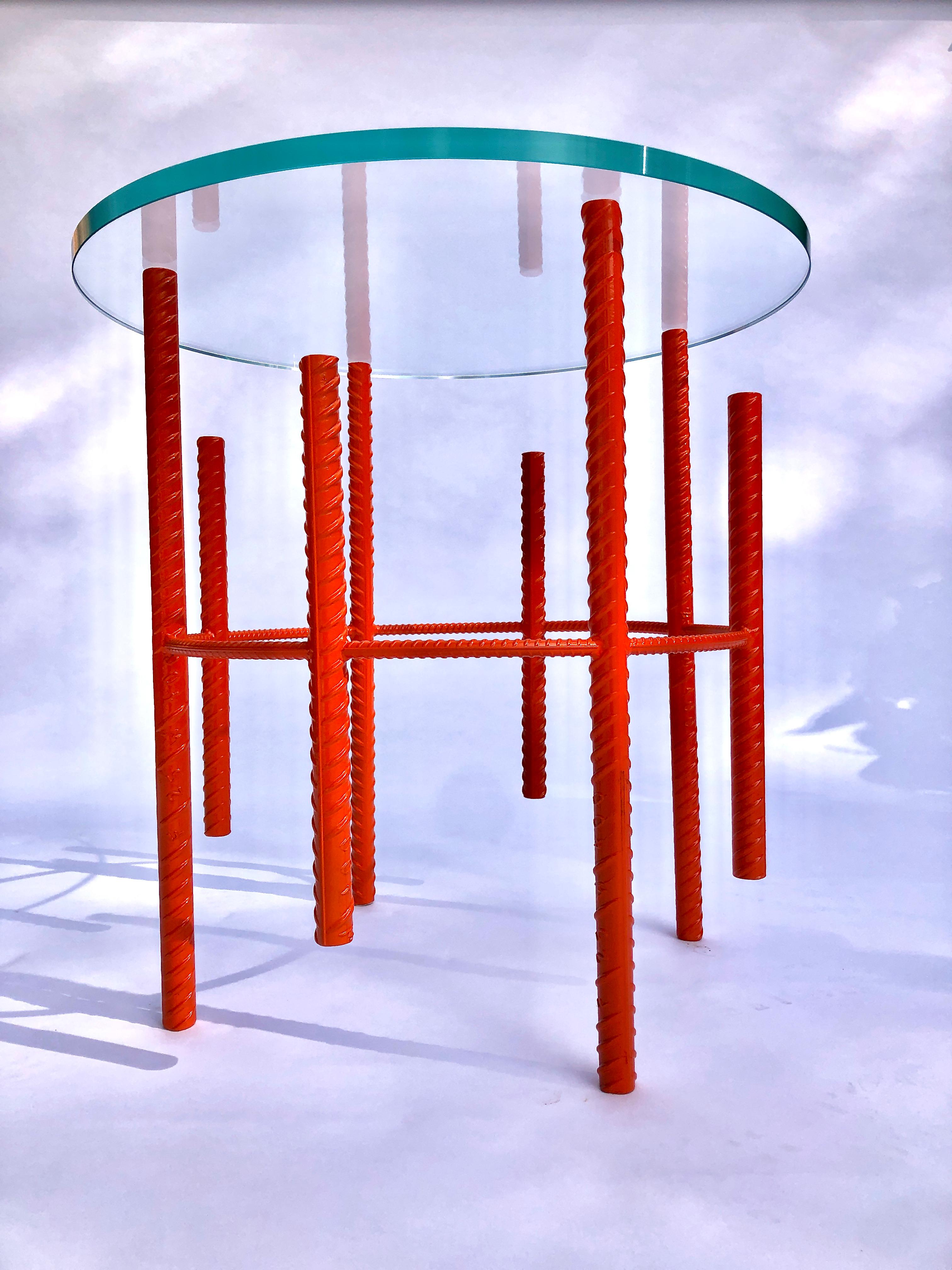 Contemporary Rebar Side Table with Starphire Glass Top & Coral Base For Sale