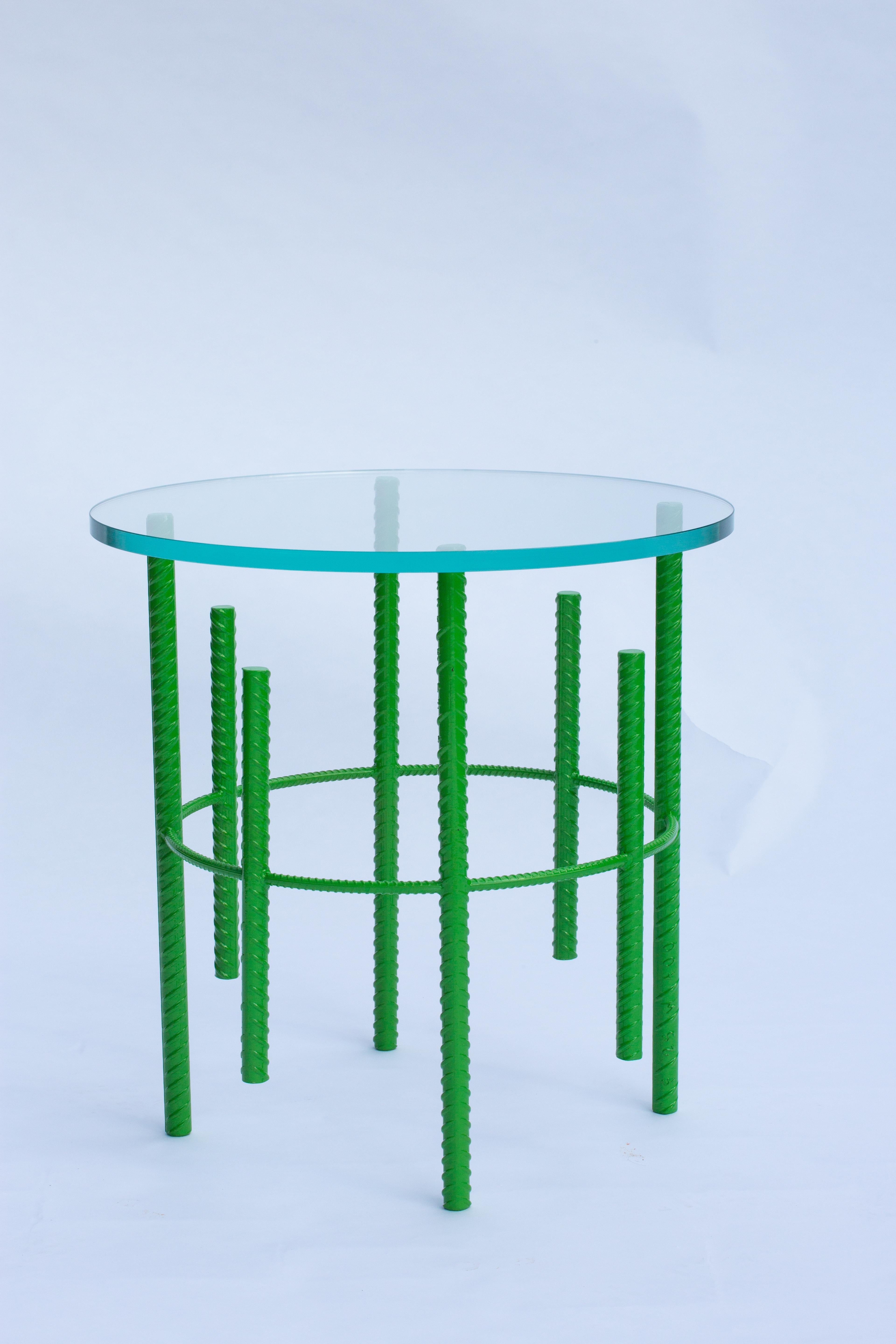 Handcrafted by Troy Smith from Troy Smith Studio. The base is made from one-inch construction rebar and carefully welded together to form a sputnik space-like form. The base is powder coated in lime green. (Custom colour options are available on