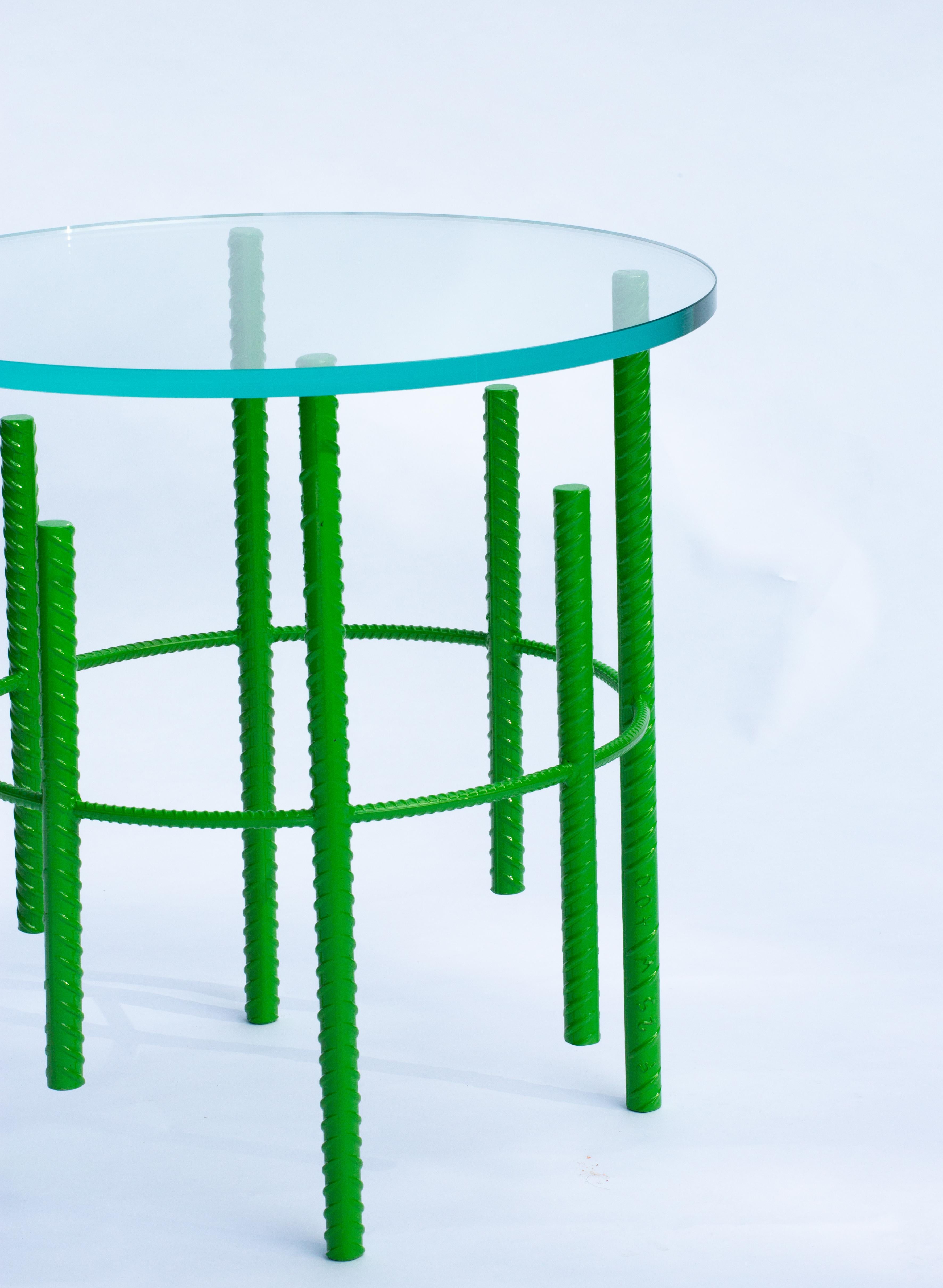 Other Rebar Side Table with Starphire Glass Top & Lime Green Base For Sale