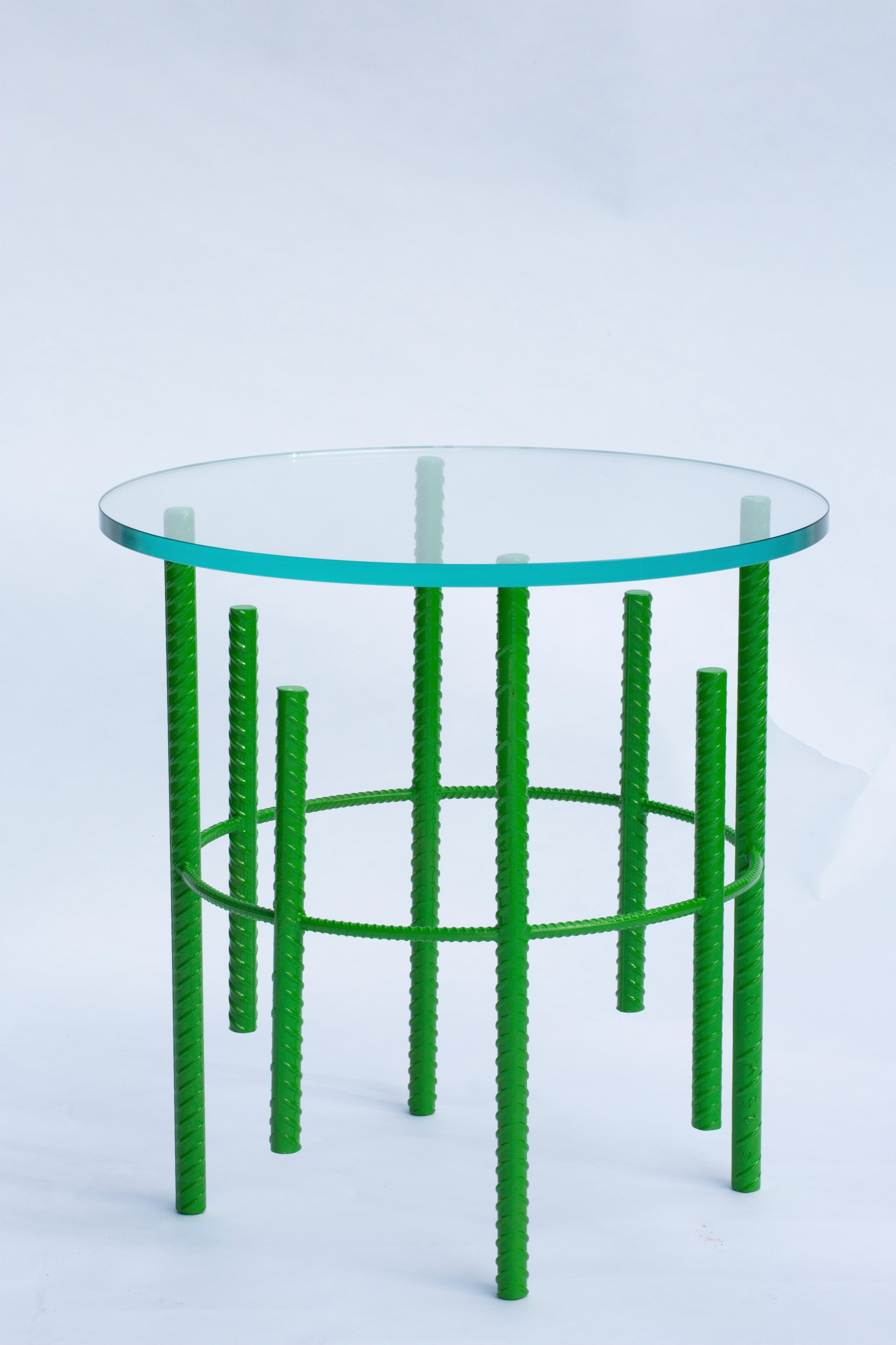 Canadian Rebar Side Table with Starphire Glass Top & Lime Green Base For Sale