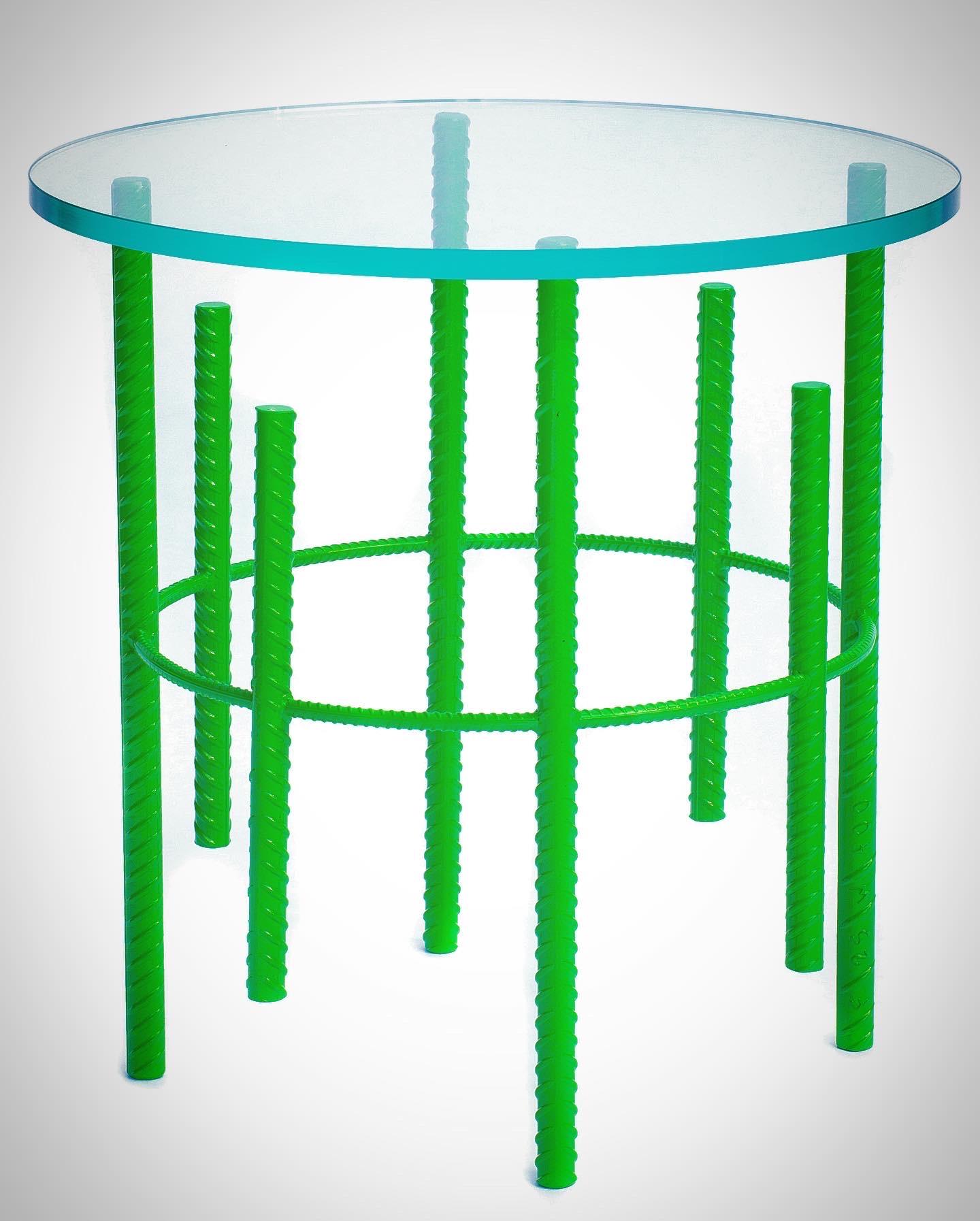 Powder-Coated Rebar Side Table with Starphire Glass Top & Lime Green Base For Sale