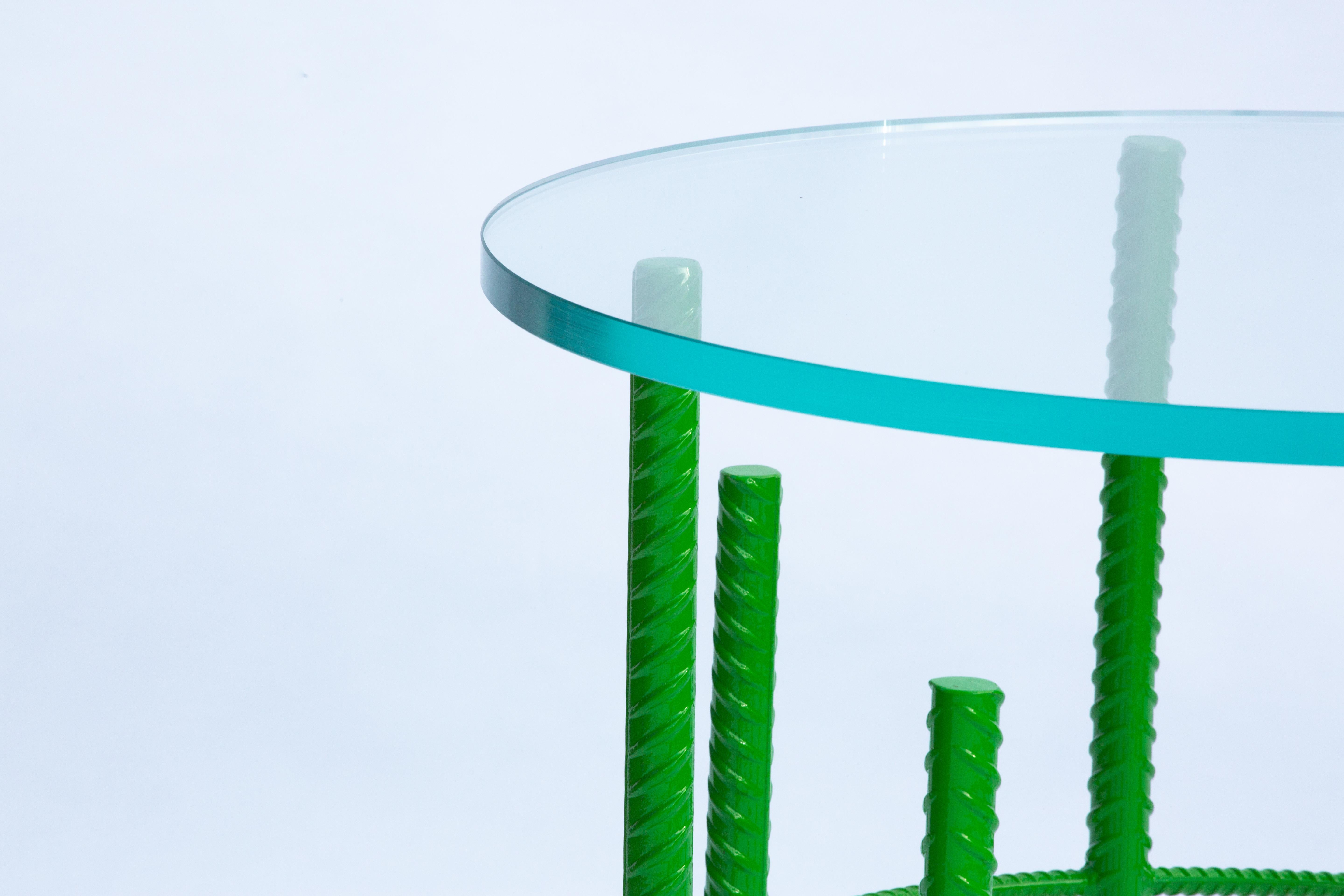 Contemporary Rebar Side Table with Starphire Glass Top & Lime Green Base For Sale