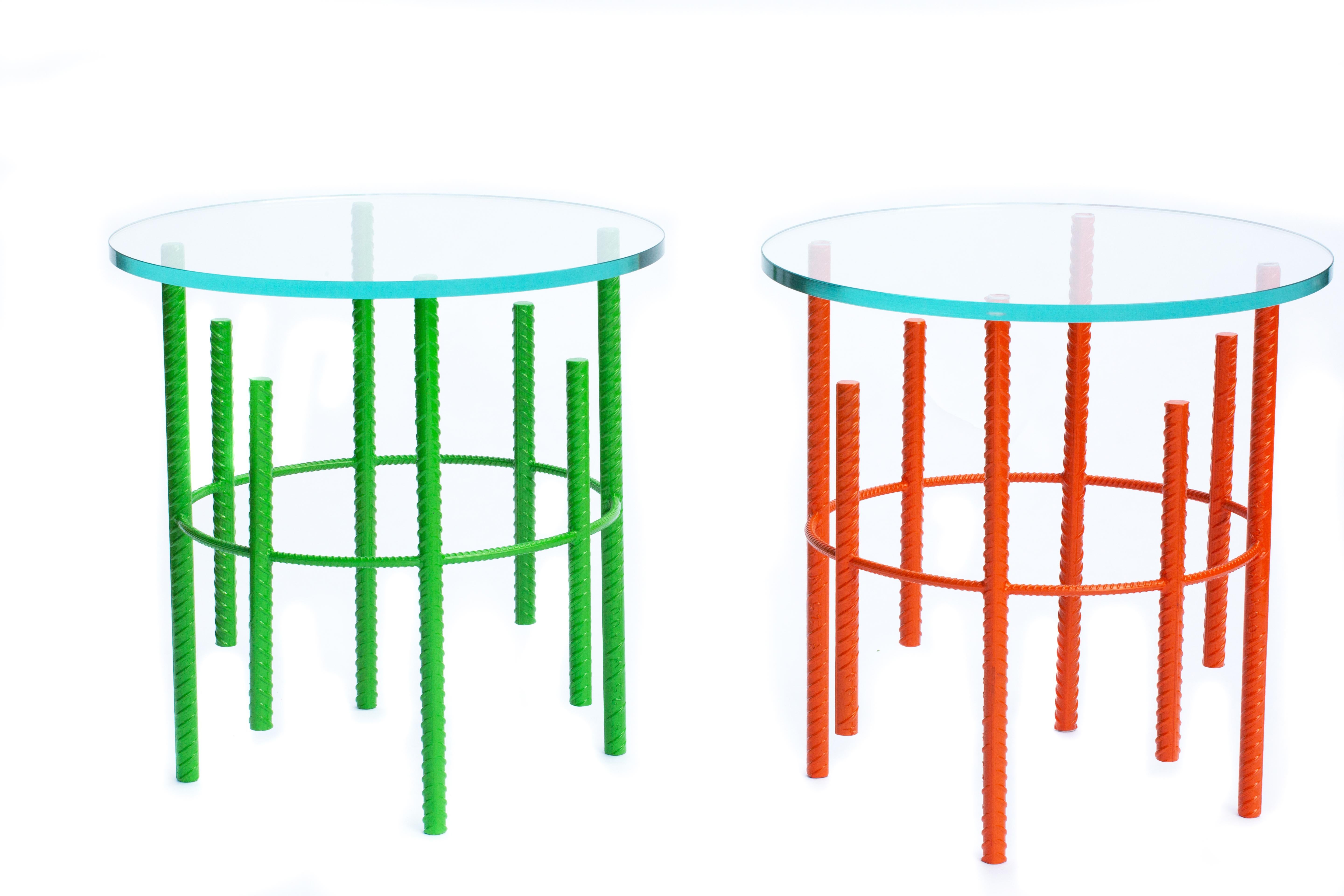 Steel Rebar Side Table with Starphire Glass Top & Lime Green Base For Sale