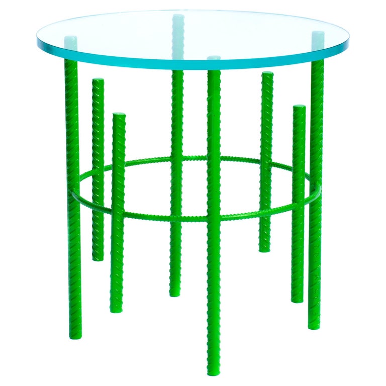 Rebar Side Table with Starphire Glass Top and Lime Green Base For Sale