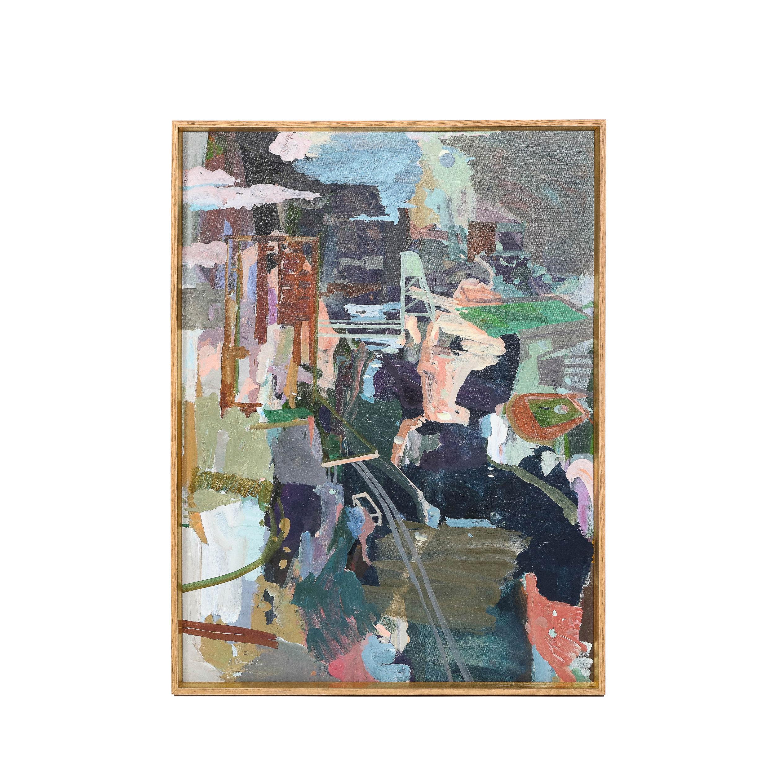 Dieses elegante und überzeugende modernistische Farbfeldgemälde wurde von der geschätzten zeitgenössischen Künstlerin Rebecca Allan um 2017 in den Vereinigten Staaten realisiert. Das expressionistische Werk "Harlem River Eclipse" ist voller Dynamik