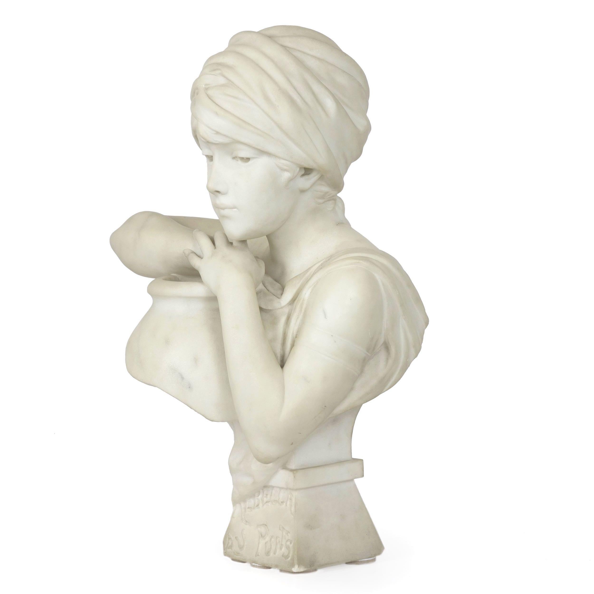 Art Nouveau “Rebecca at the Well” Italian Marble Antique Bust Sculpture by Antonio Piazza