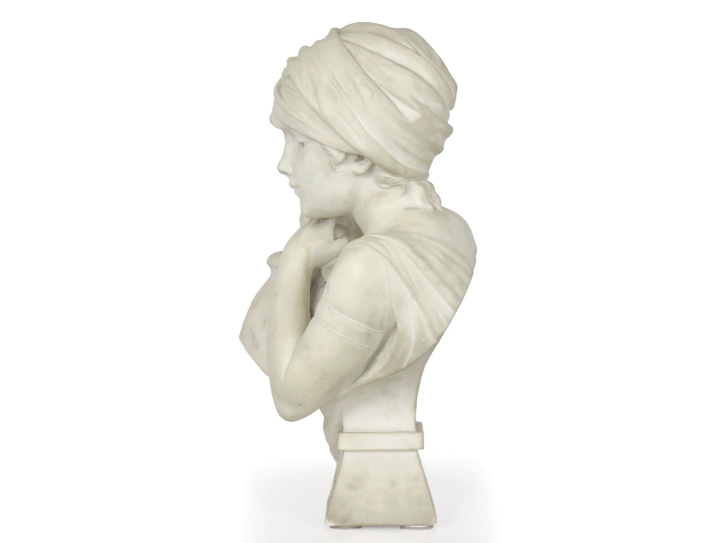 Carved “Rebecca at the Well” Italian Marble Antique Bust Sculpture by Antonio Piazza