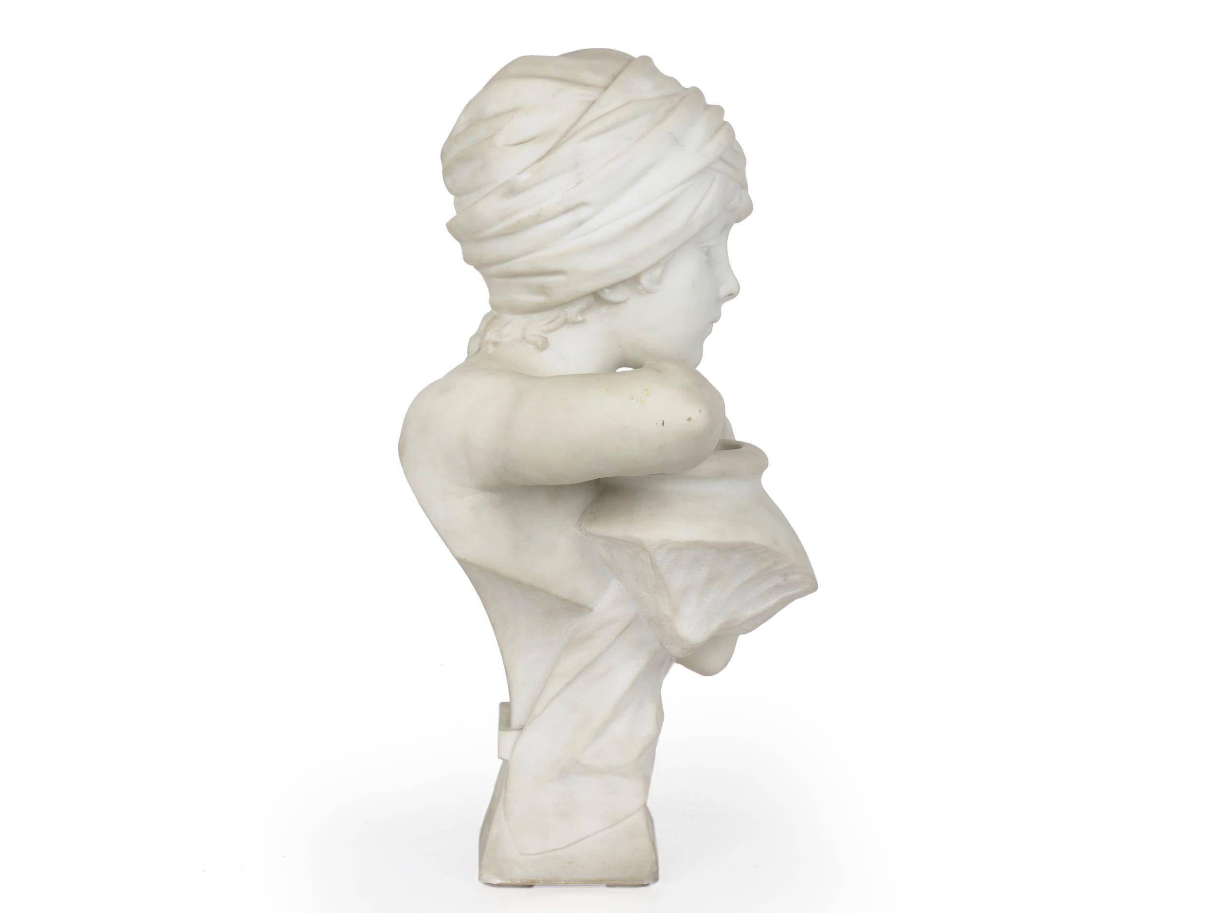 19th Century “Rebecca at the Well” Italian Marble Antique Bust Sculpture by Antonio Piazza
