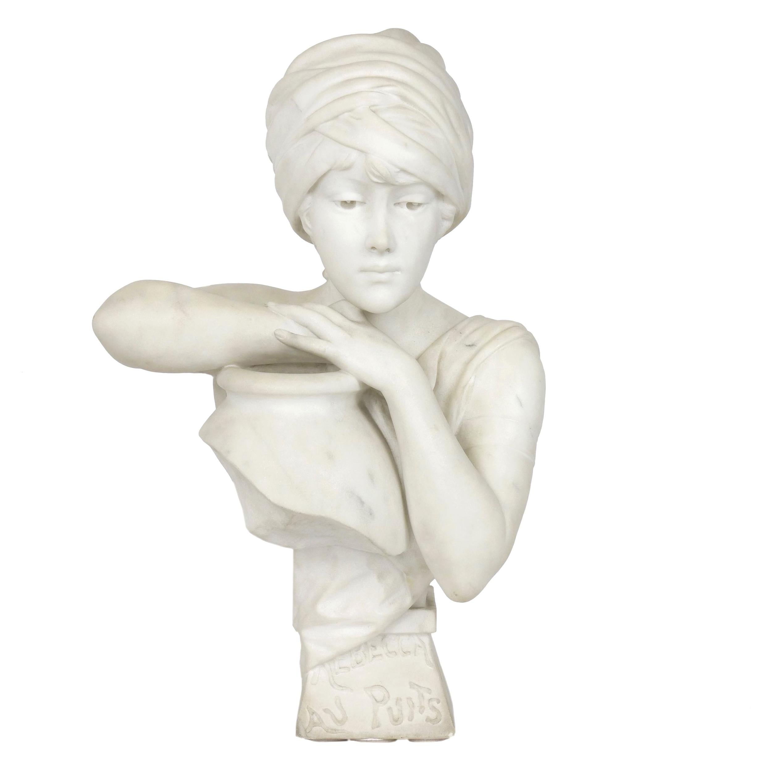 “Rebecca at the Well” Italian Marble Antique Bust Sculpture by Antonio Piazza