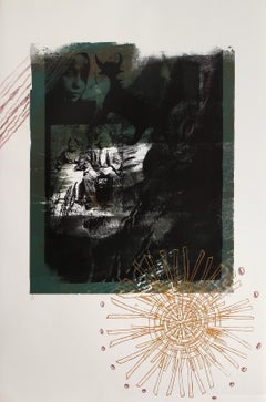 Green Memories, sérigraphie conceptuelle monochrome colorée à la main de Rebecca Baird