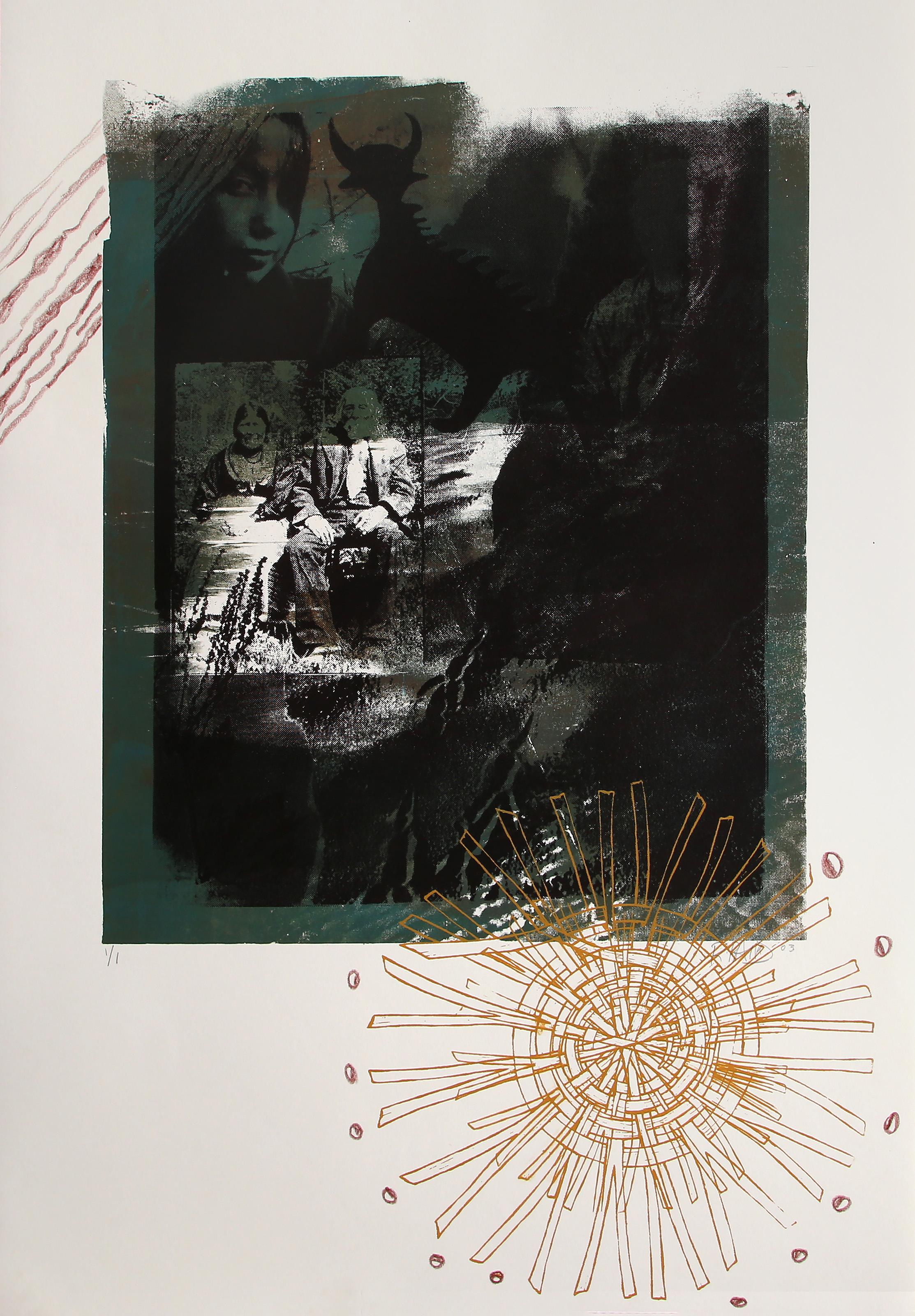 Green Memories, Conceptual Hand-Colored Monoprint Screenprint by Rebecca Baird