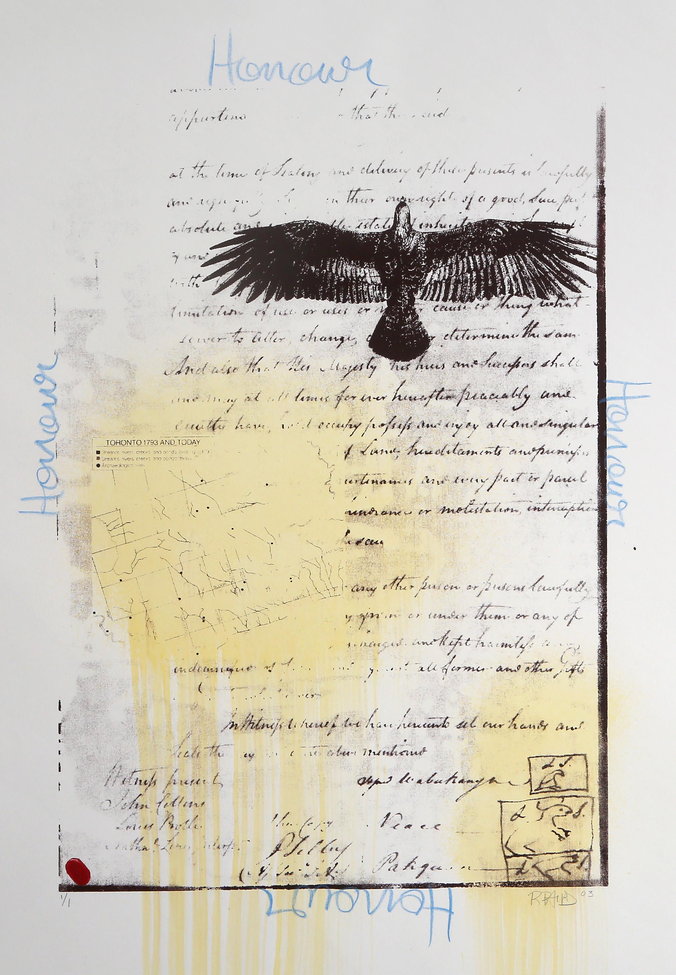 Honour, Monoprint concettuale colorato a mano serigrafato da Rebecca Baird