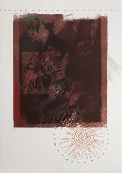 Red Memories, Conceptual Hand-Colored Monoprint Screenprint by Rebecca Baird