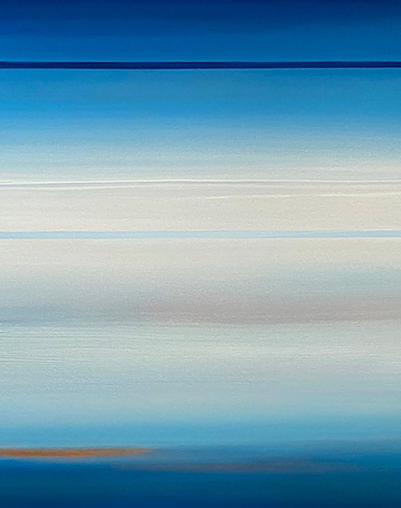 In this abstracted landscapes, Rebecca Bennett captures the horizon in shades of blue with a contemporary twist. She departs from traditional landscape paintings by using straight rather than organic lines. This geometric approach allows her to