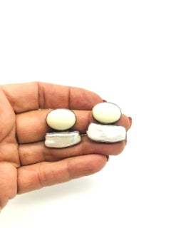 Rebecca Collins Large Pearl and Chalcedony Sterling Silver Clip-On Earrings