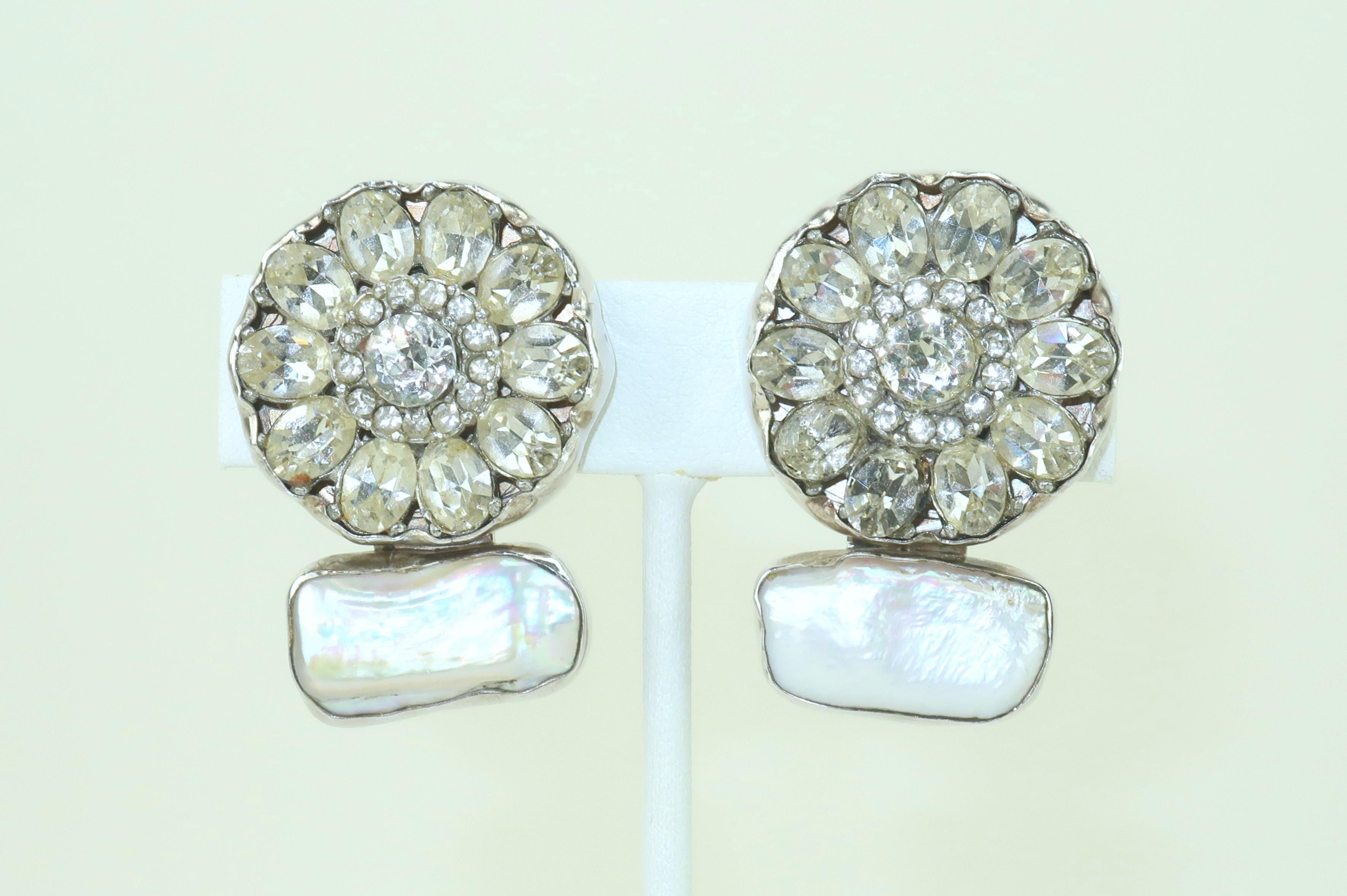‘Bless Our Earth' ... and with that sentiment, Rebecca Collins created this fabulous pair of artisan earrings incorporating beautiful natural pearls and sparkling crystal rhinestones in a sterling silver setting.  Outfitted with clip-on hardware and