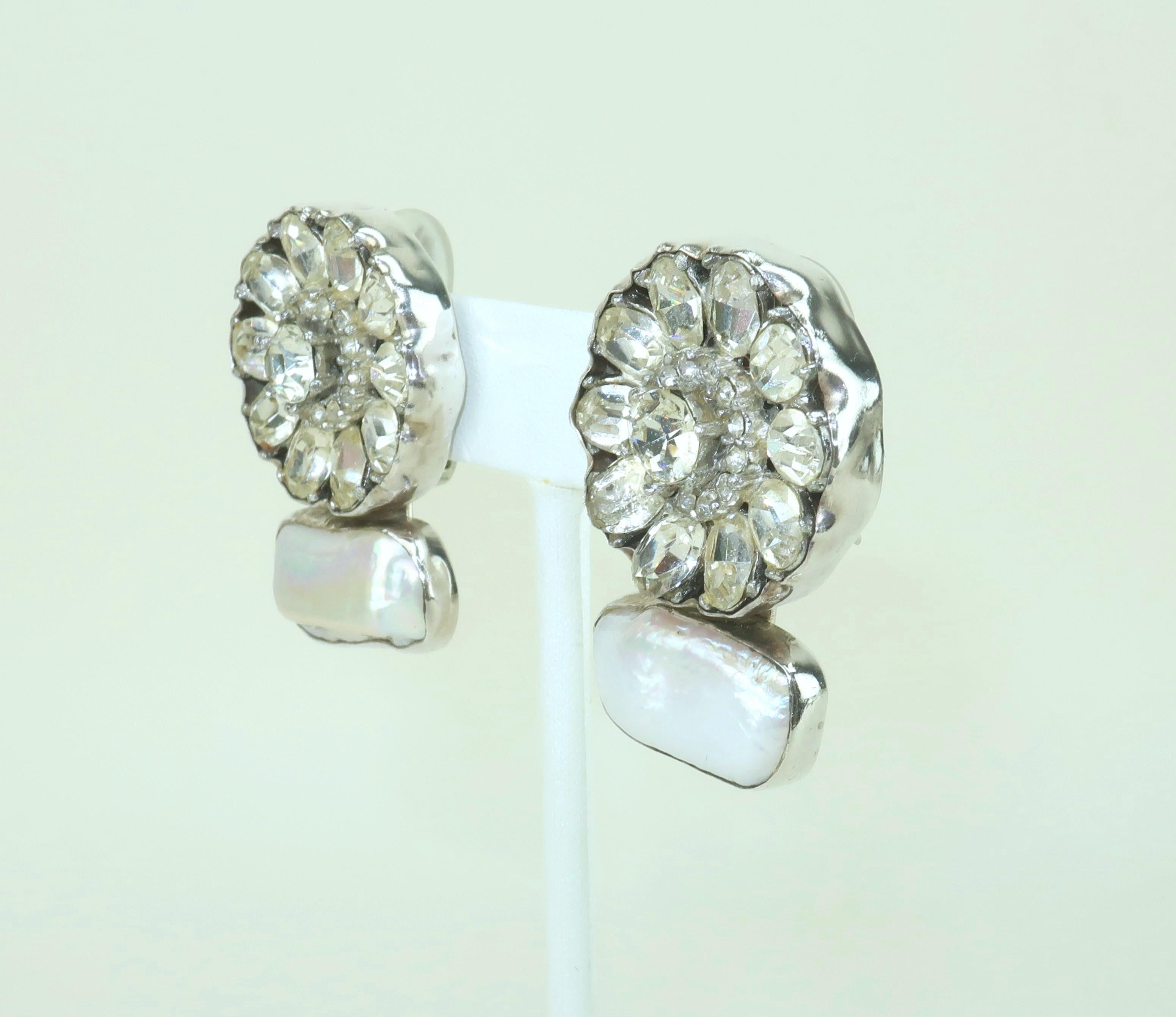 Artisan REBECCA COLLINS Sterling, Natural Pearl & Rhinestone Earrings For Sale