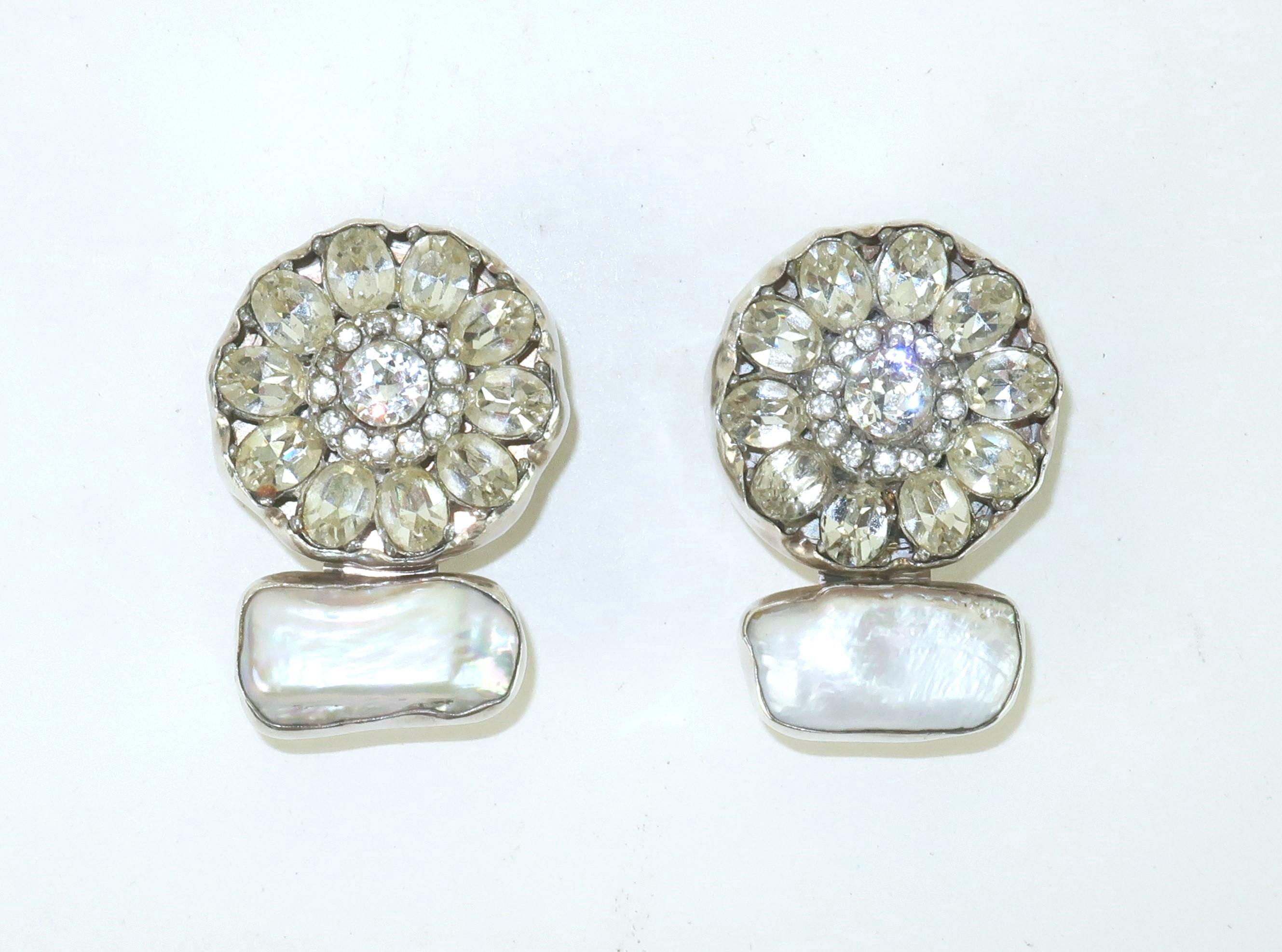 REBECCA COLLINS Sterling, Natural Pearl & Rhinestone Earrings In Good Condition For Sale In Atlanta, GA